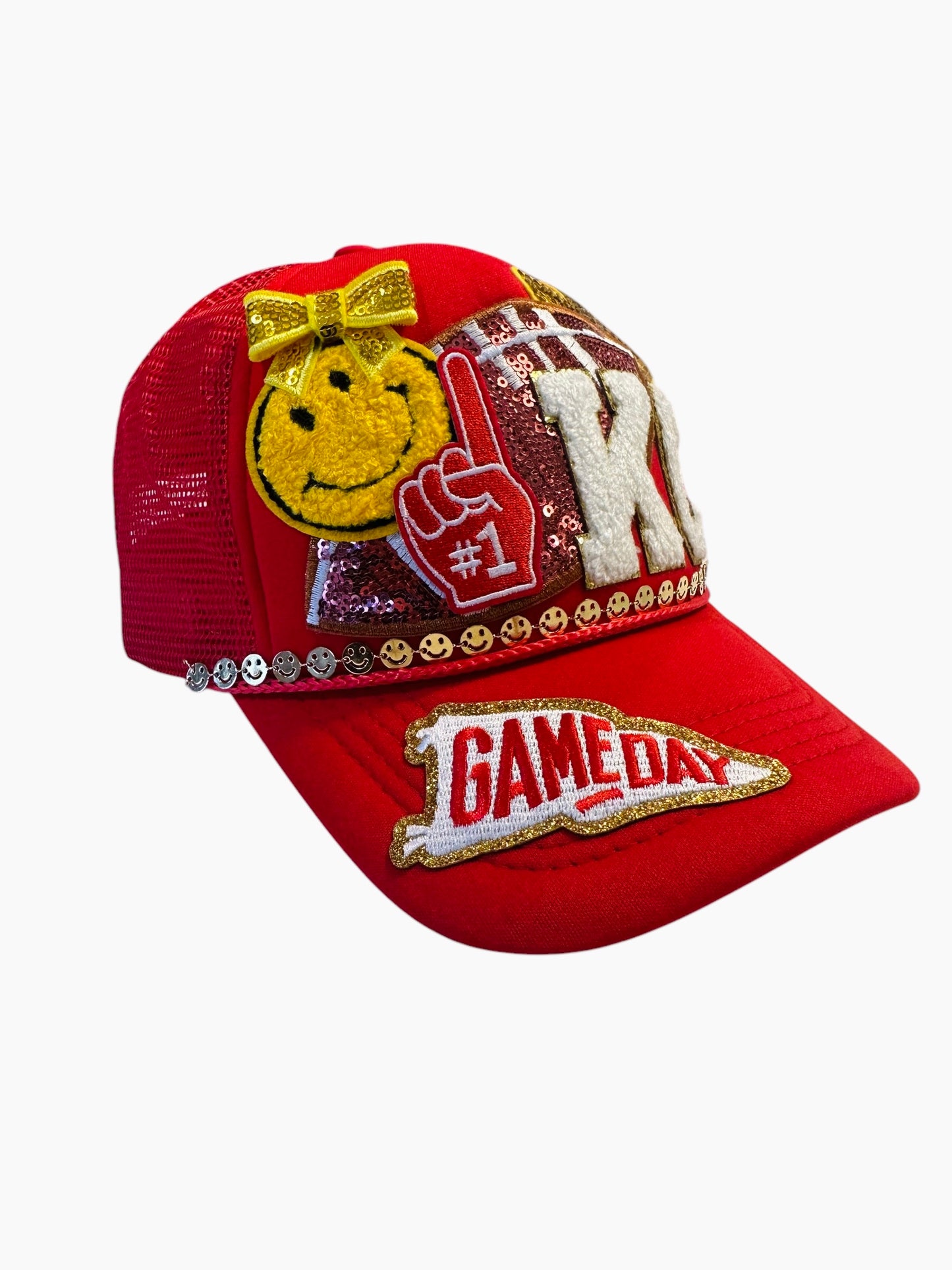 Y2K Kansas City Chiefs GameDay Trucker Hat with Happy Face Gold Chain Hat Belt