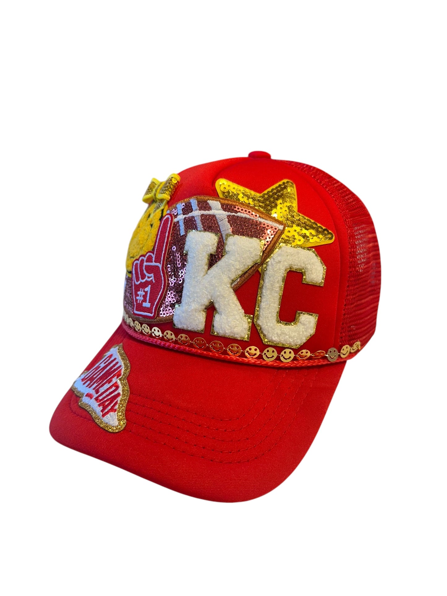 Y2K Kansas City Chiefs GameDay Trucker Hat with Happy Face Gold Chain Hat Belt