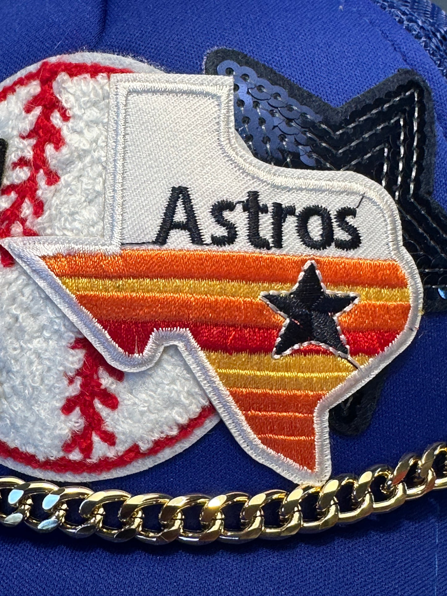 Rhinestone and Sequin Houston Astros GameDay Trucker Hat with Gold Chain Hat Belt