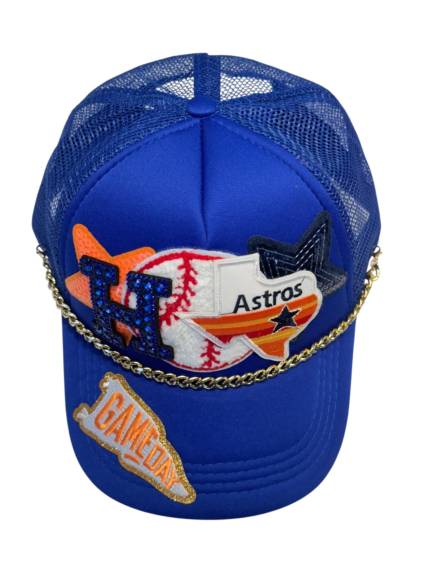 Rhinestone and Sequin Houston Astros GameDay Trucker Hat with Gold Chain Hat Belt