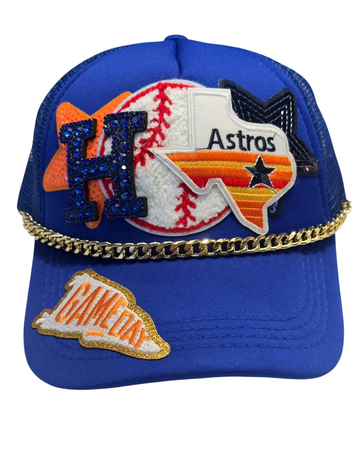 Rhinestone and Sequin Houston Astros GameDay Trucker Hat with Gold Chain Hat Belt