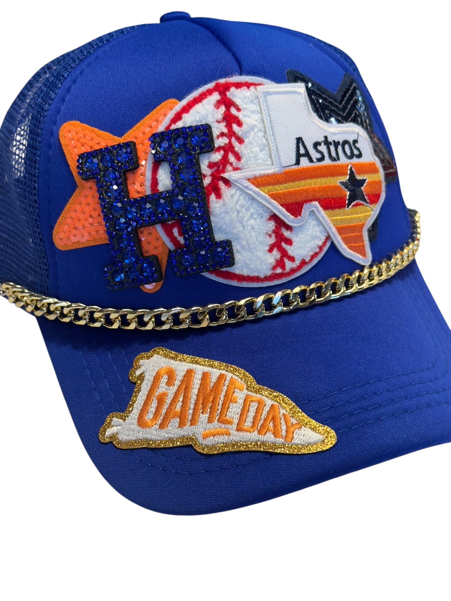 Rhinestone and Sequin Houston Astros GameDay Trucker Hat with Gold Chain Hat Belt