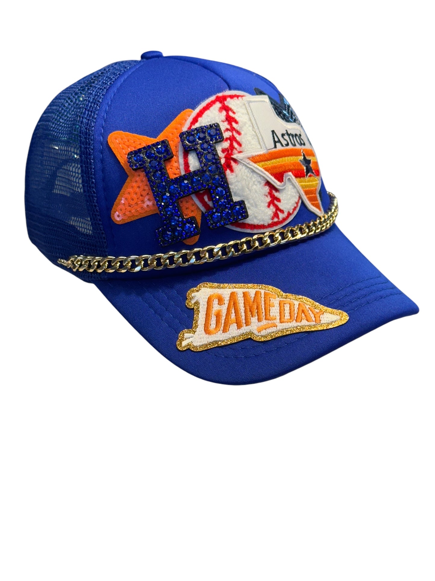 Rhinestone and Sequin Houston Astros GameDay Trucker Hat with Gold Chain Hat Belt