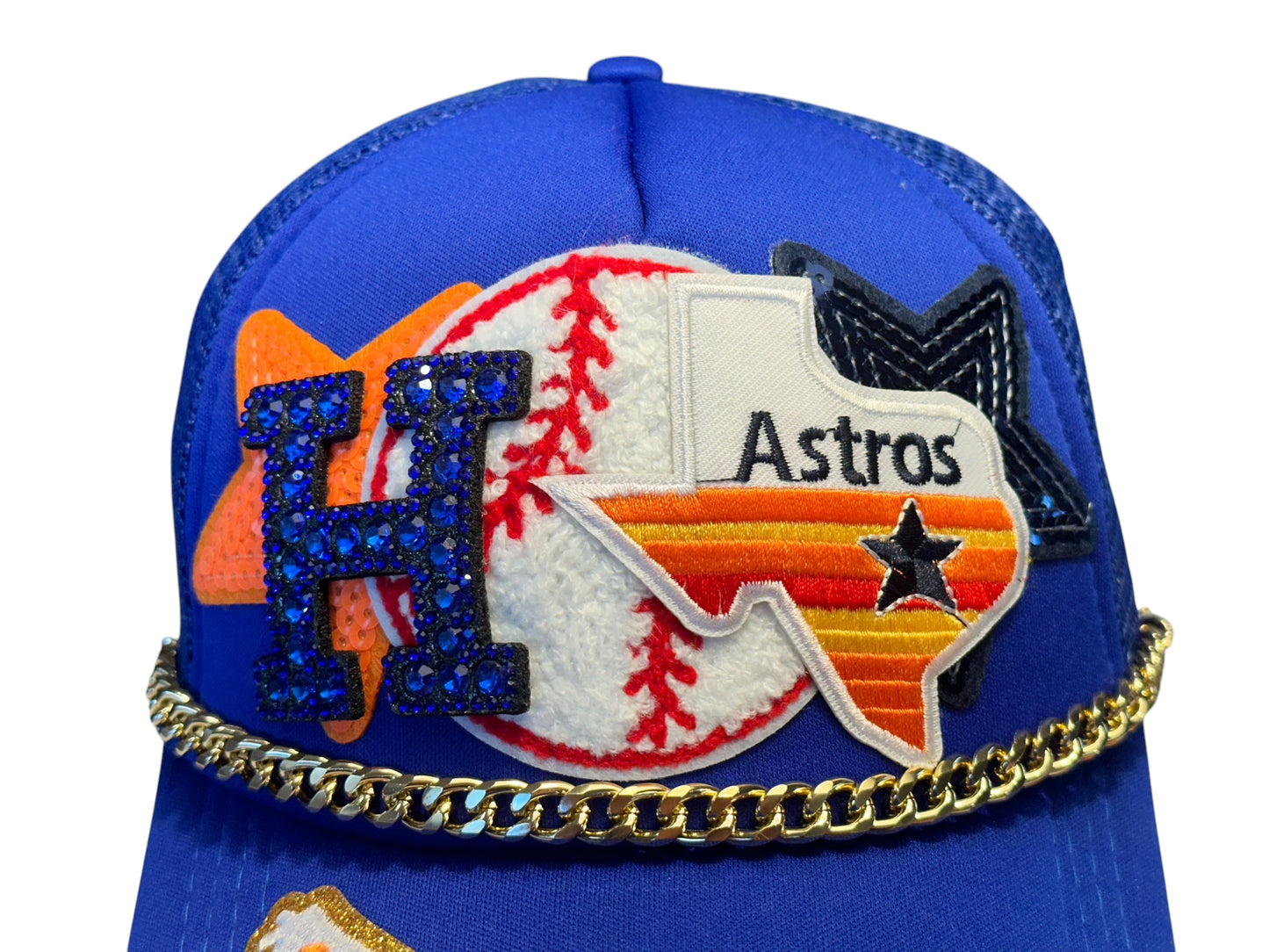 Rhinestone and Sequin Houston Astros GameDay Trucker Hat with Gold Chain Hat Belt