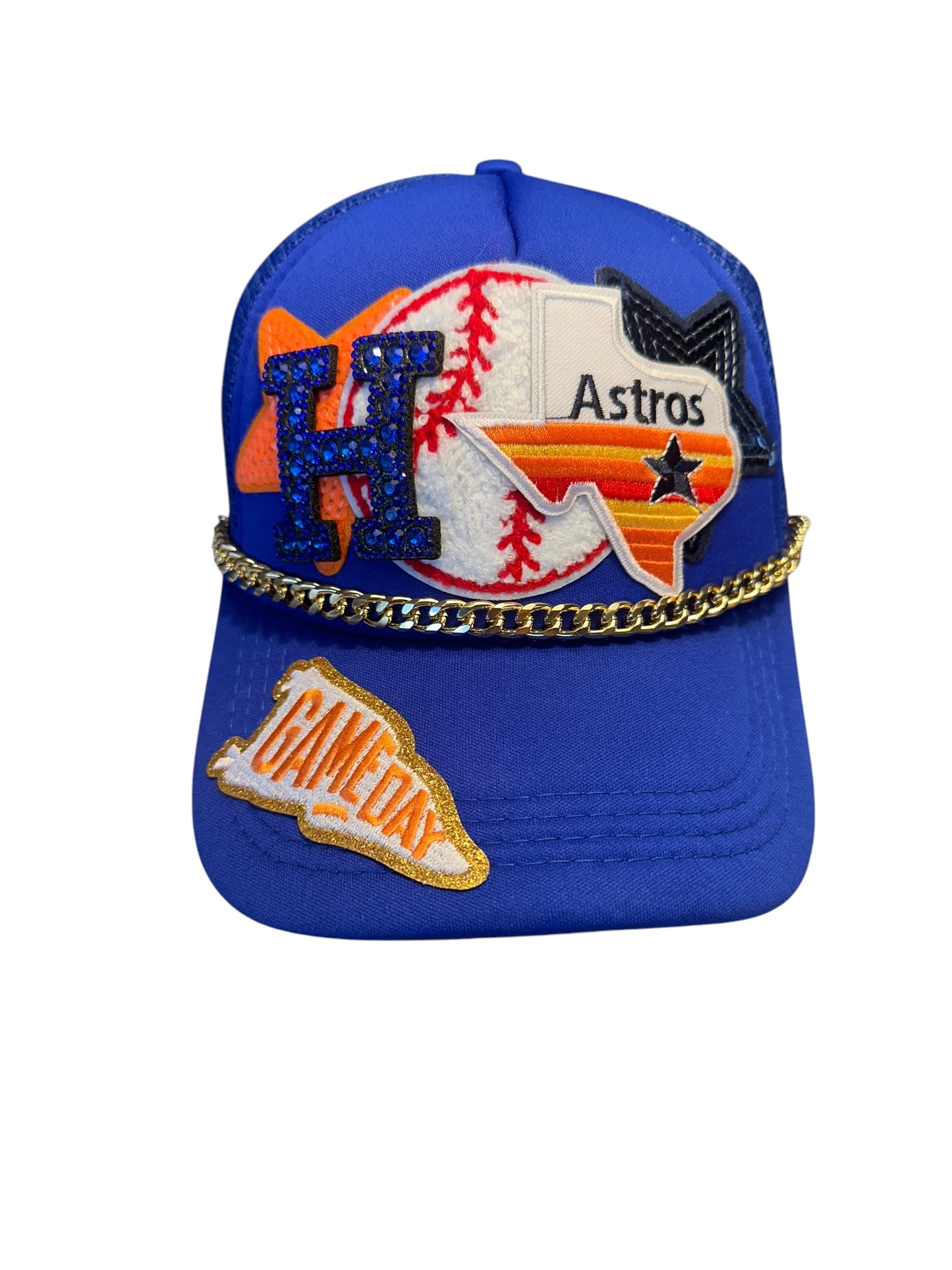 Rhinestone and Sequin Houston Astros GameDay Trucker Hat with Gold Chain Hat Belt