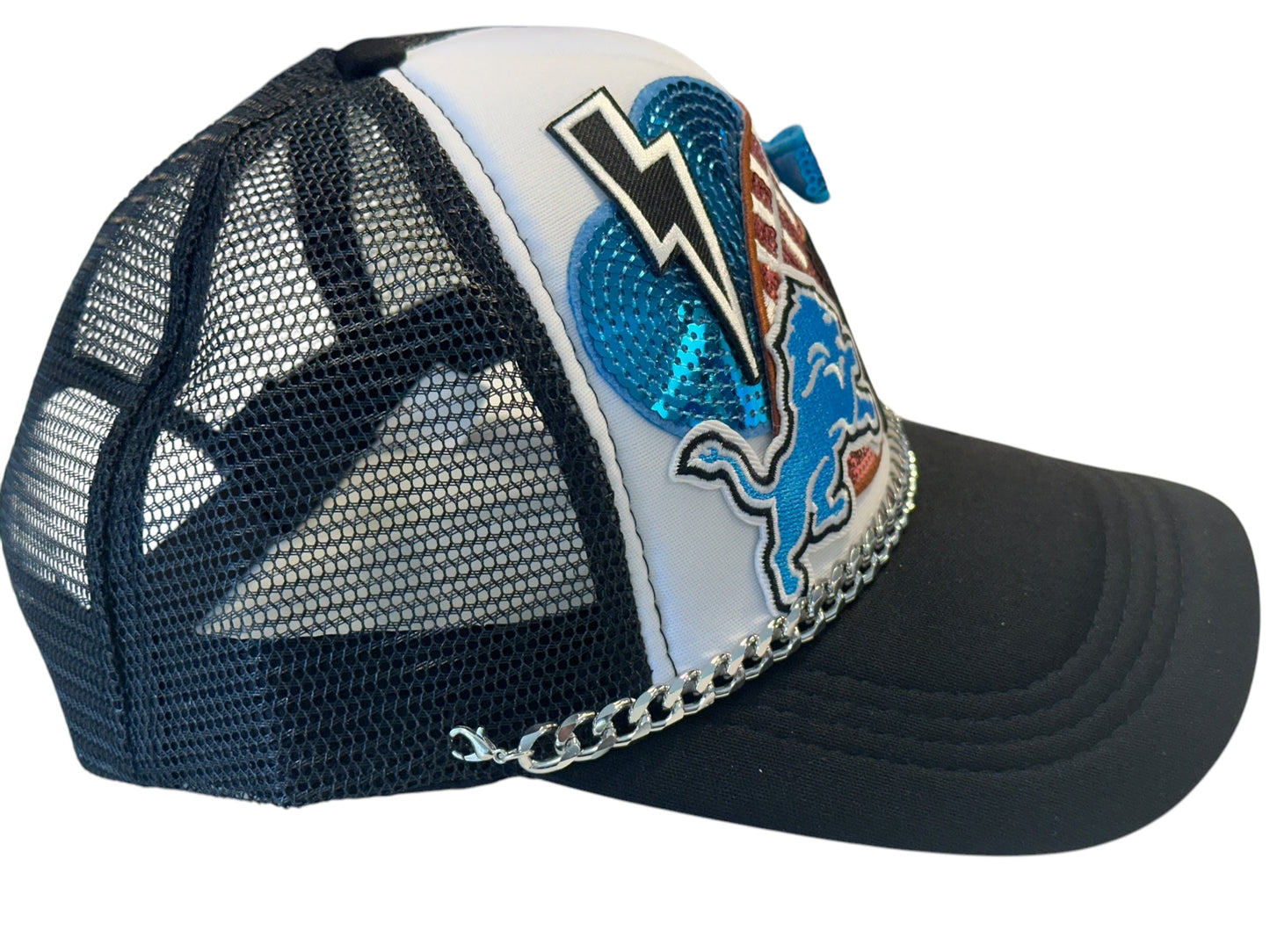 Sequin Detroit Lions GameDay Trucker Hat with Silver Chain Hat Belt