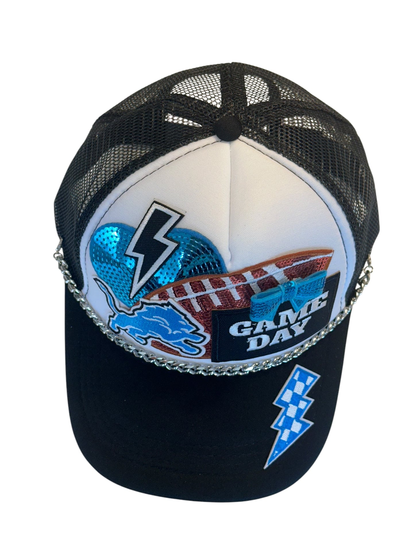 Sequin Detroit Lions GameDay Trucker Hat with Silver Chain Hat Belt