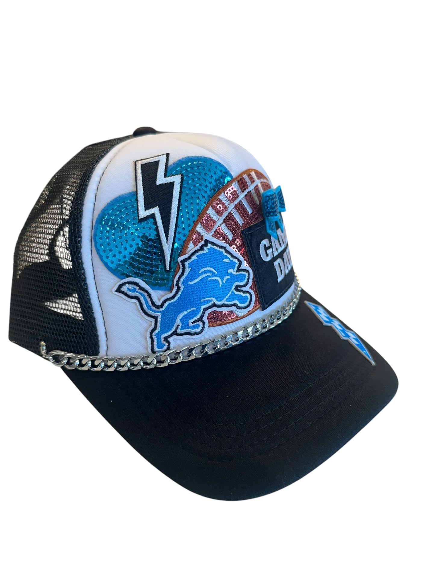 Sequin Detroit Lions GameDay Trucker Hat with Silver Chain Hat Belt