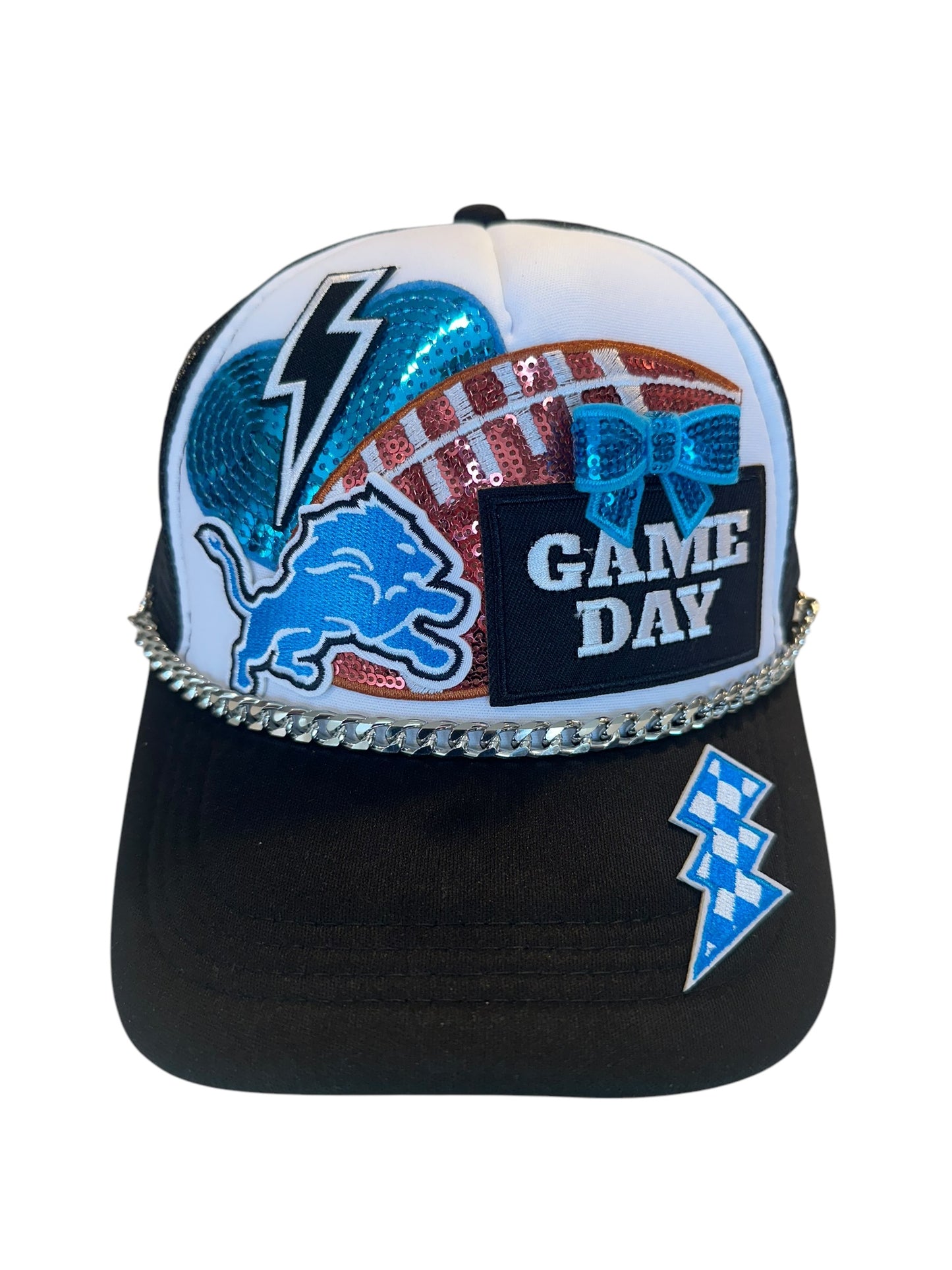 Sequin Detroit Lions GameDay Trucker Hat with Silver Chain Hat Belt