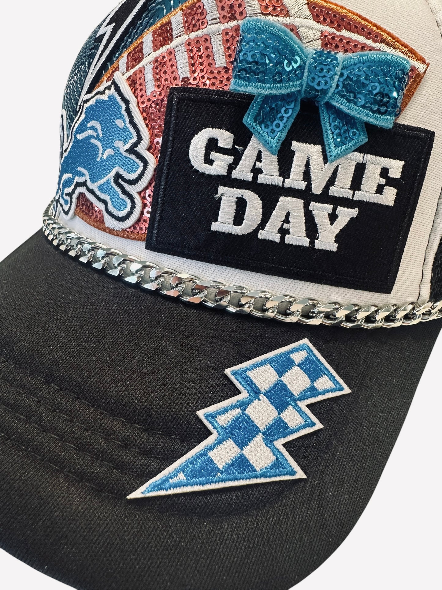 Sequin Detroit Lions GameDay Trucker Hat with Silver Chain Hat Belt