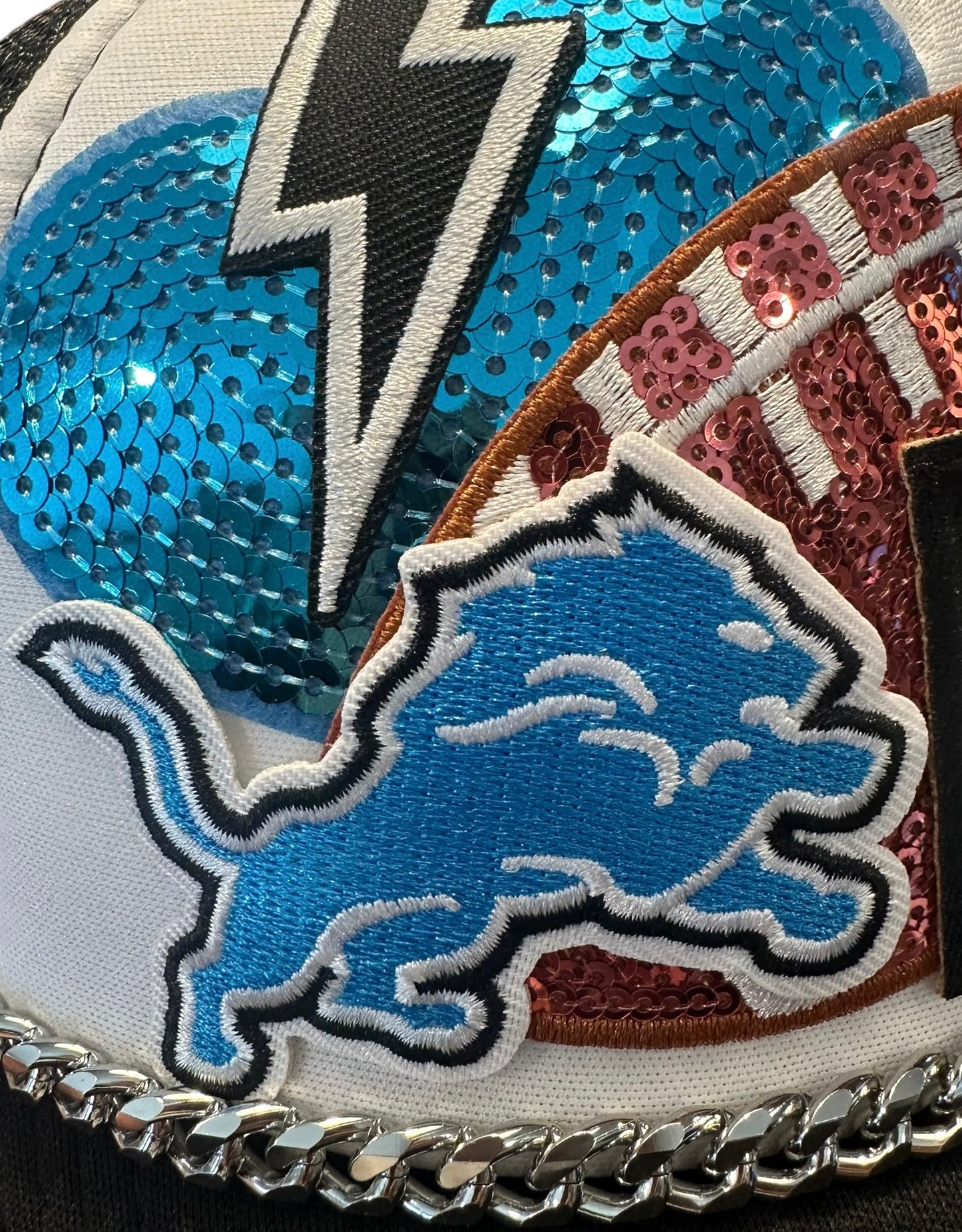 Sequin Detroit Lions GameDay Trucker Hat with Silver Chain Hat Belt