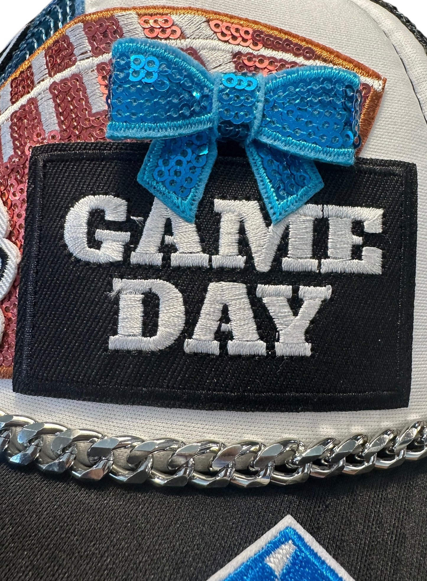 Sequin Detroit Lions GameDay Trucker Hat with Silver Chain Hat Belt