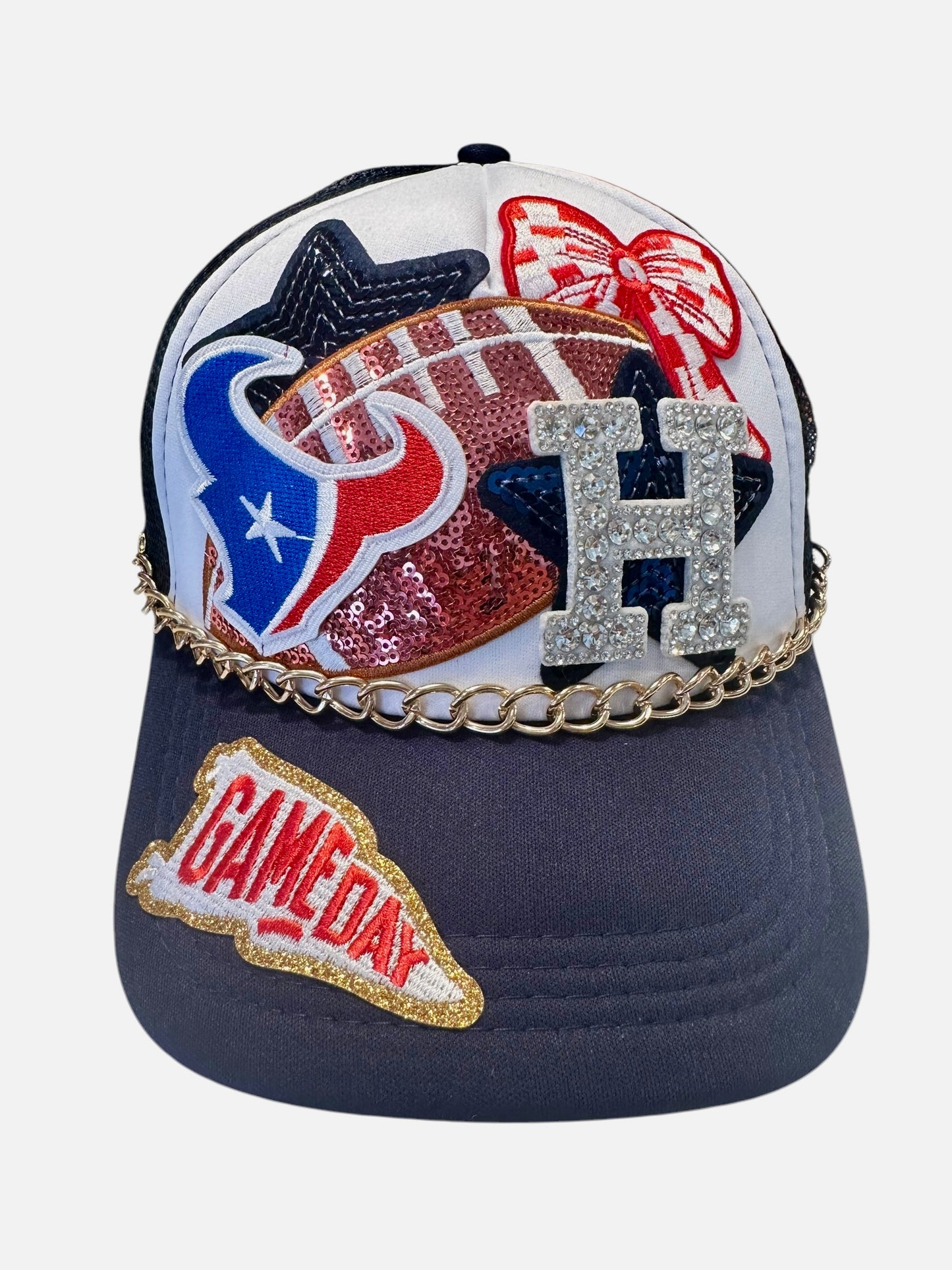 Sequin and Rhinestone Houston Texans GameDay Trucker Hat with Gold Hat Chain Belt