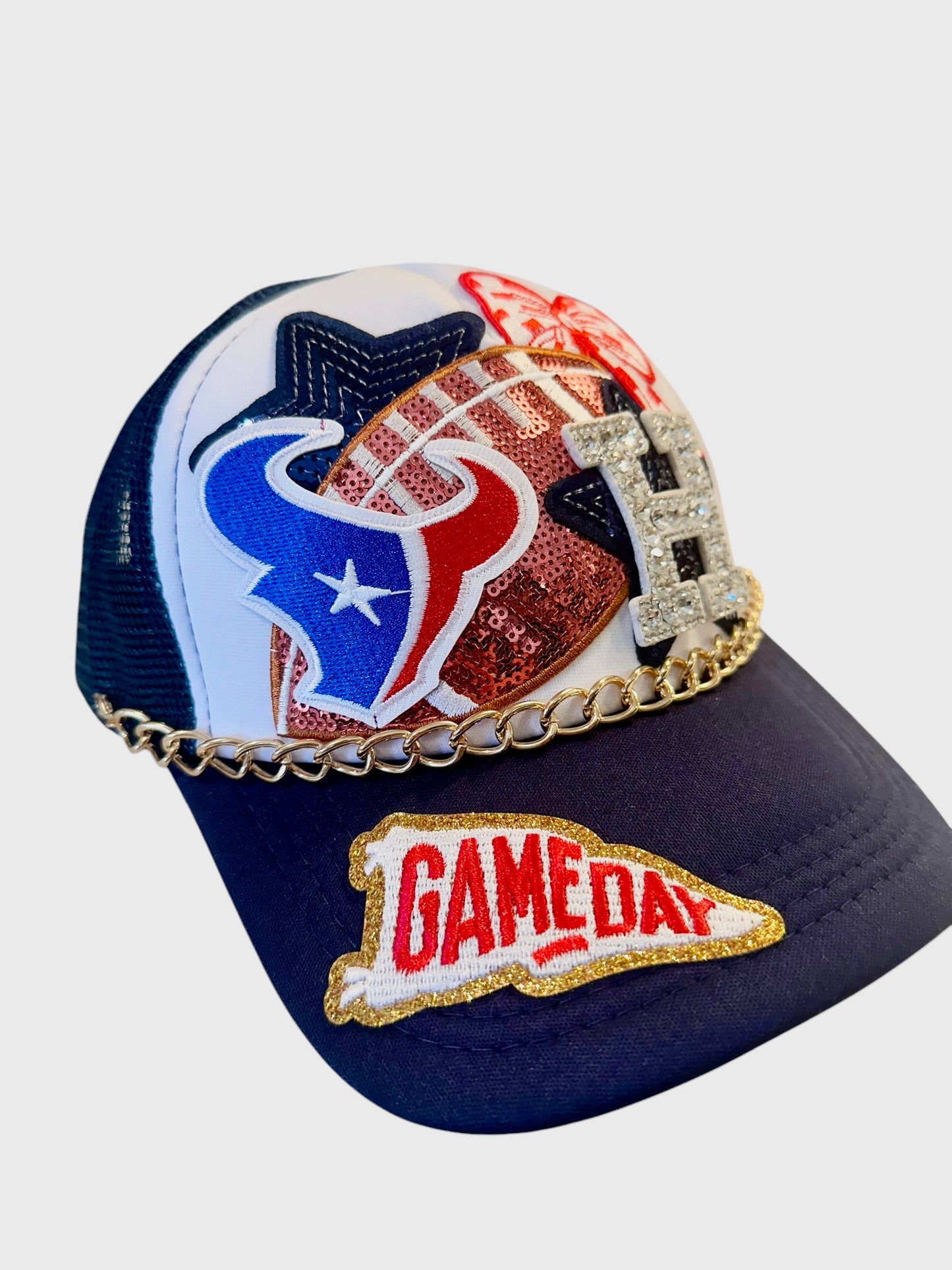 Sequin and Rhinestone Houston Texans GameDay Trucker Hat with Gold Hat Chain Belt