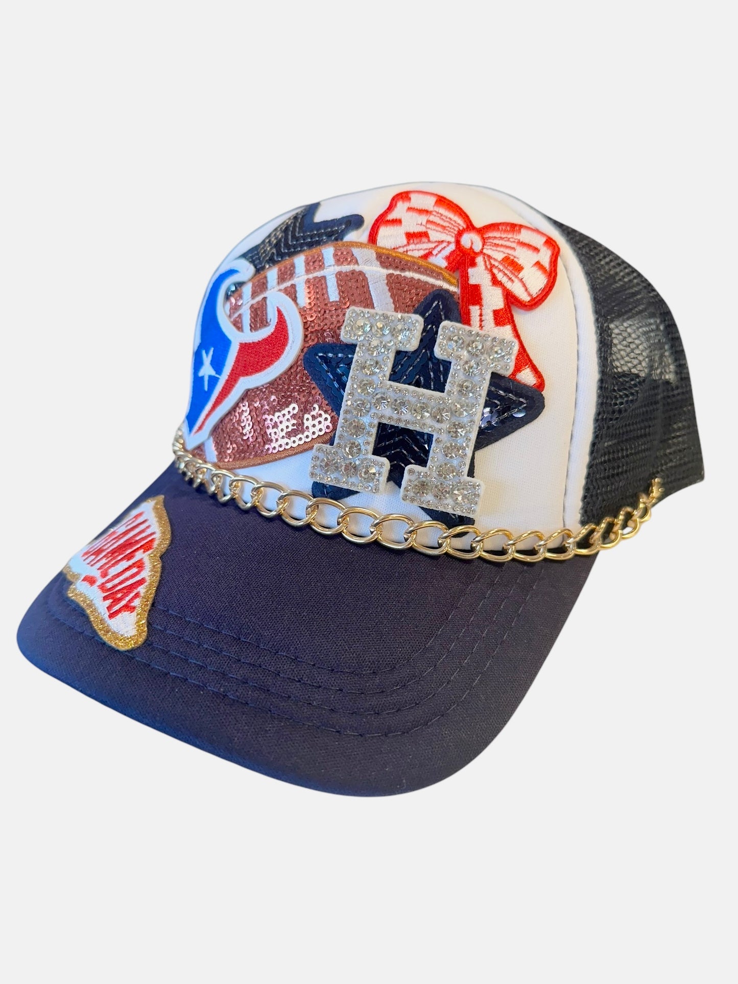 Sequin and Rhinestone Houston Texans GameDay Trucker Hat with Gold Hat Chain Belt