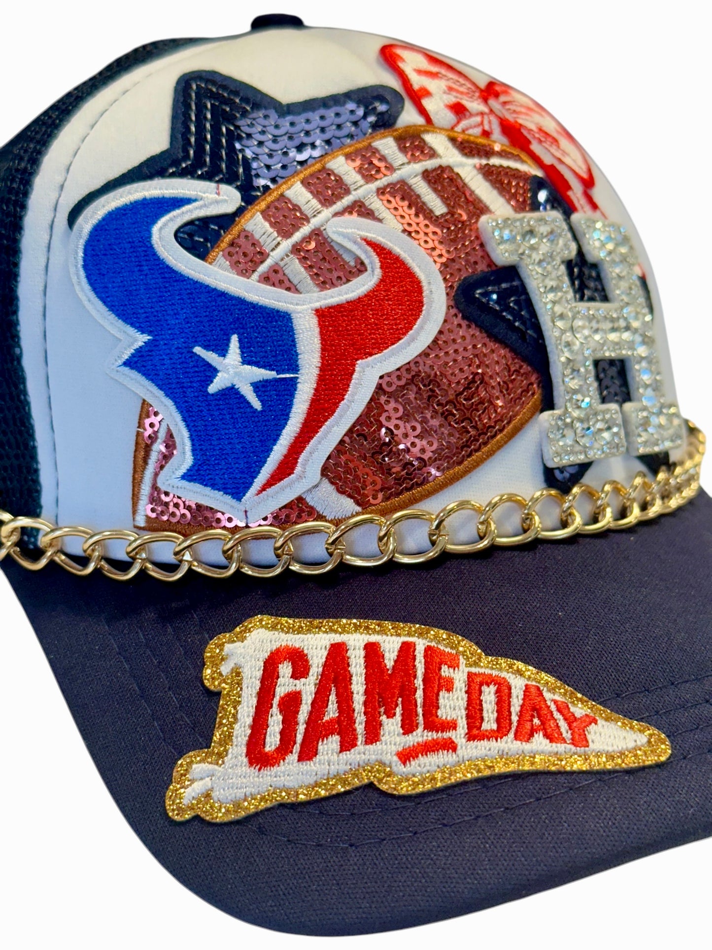 Sequin and Rhinestone Houston Texans GameDay Trucker Hat with Gold Hat Chain Belt