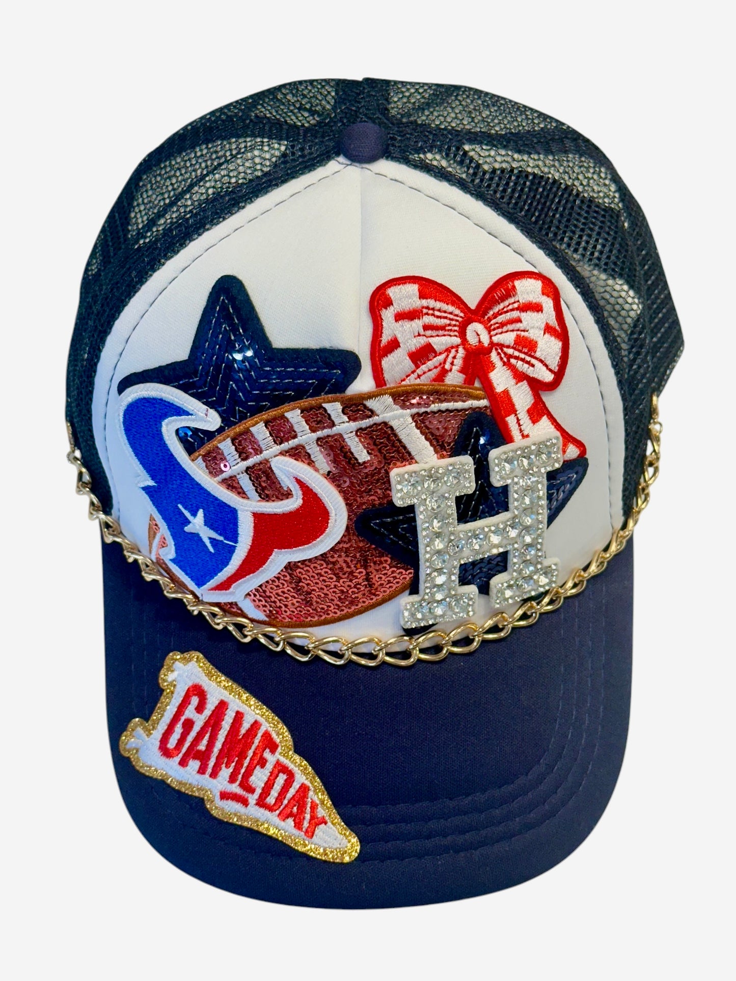 Sequin and Rhinestone Houston Texans GameDay Trucker Hat with Gold Hat Chain Belt