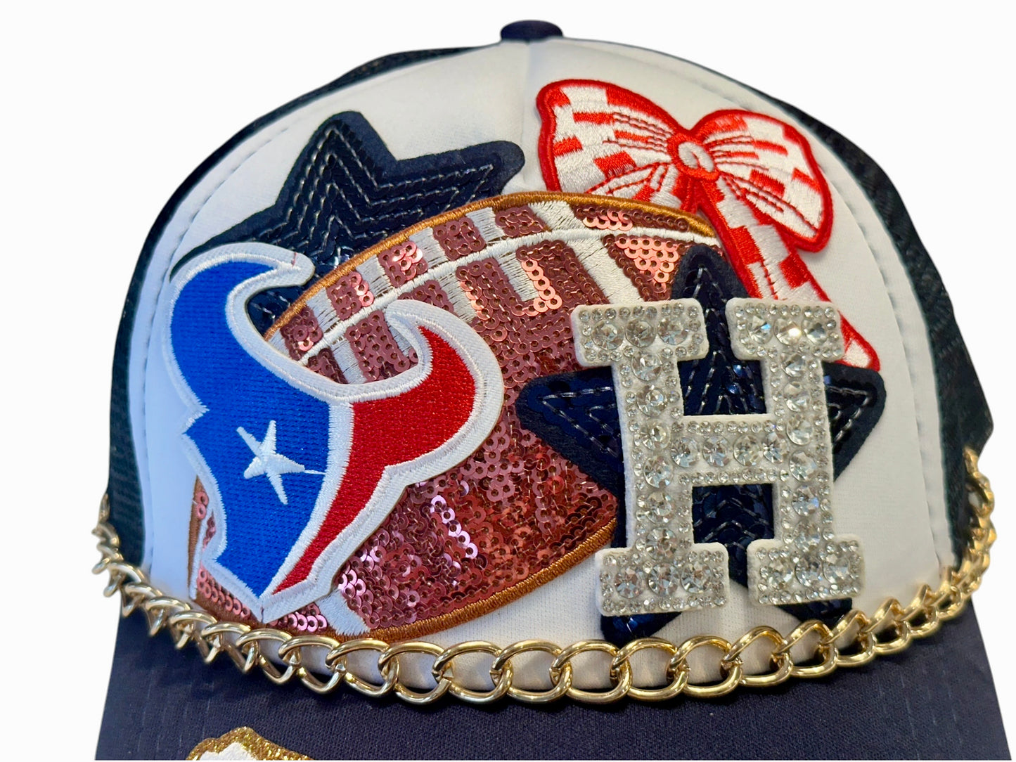 Sequin and Rhinestone Houston Texans GameDay Trucker Hat with Gold Hat Chain Belt