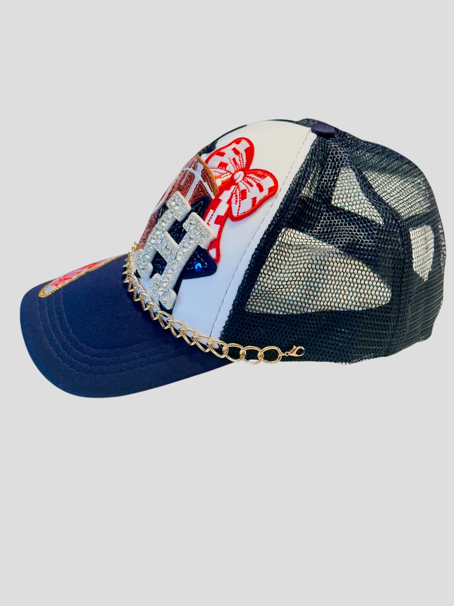 Sequin and Rhinestone Houston Texans GameDay Trucker Hat with Gold Hat Chain Belt