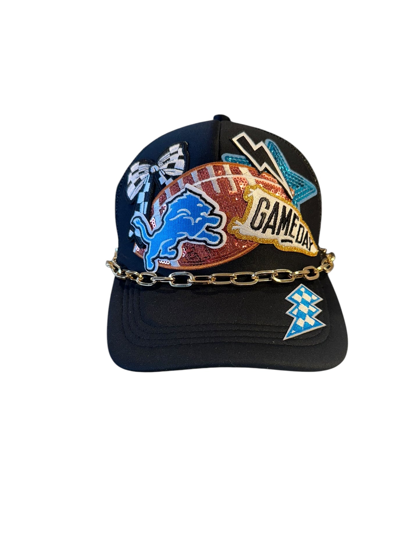 Sequin Detroit Lions GameDay Trucker Hat with Bold Gold Hat Chain Belt