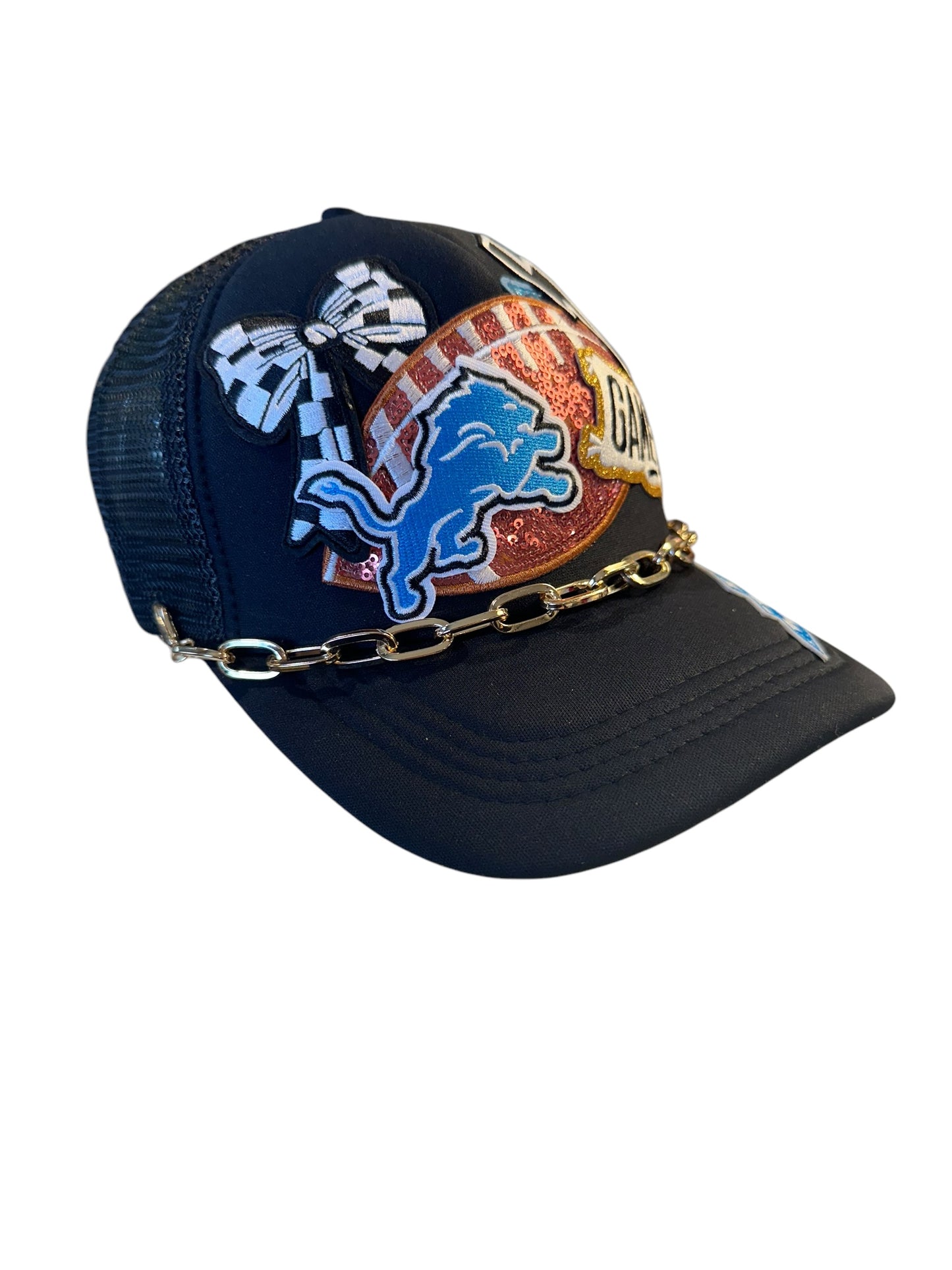 Sequin Detroit Lions GameDay Trucker Hat with Bold Gold Hat Chain Belt