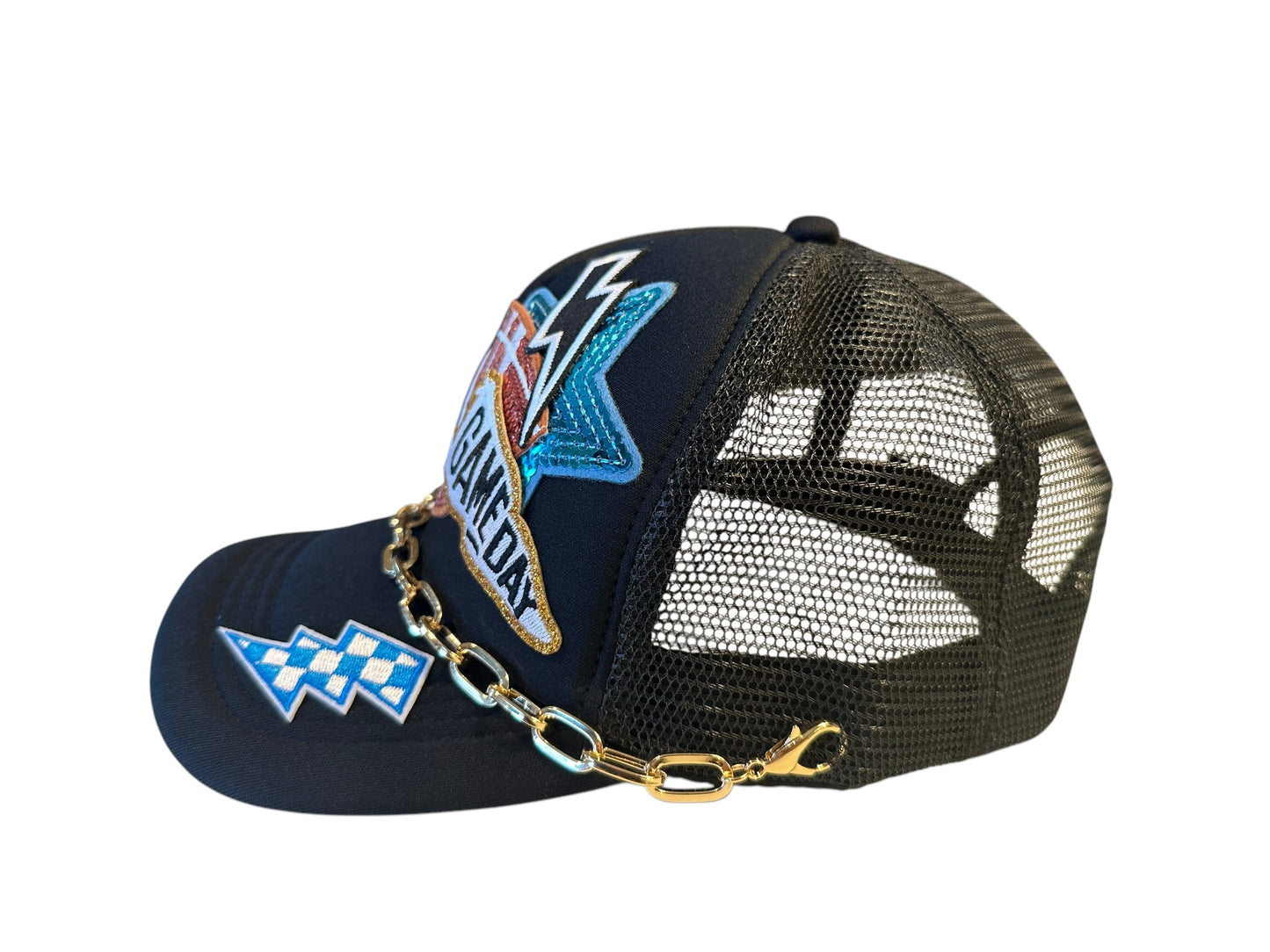 Sequin Detroit Lions GameDay Trucker Hat with Bold Gold Hat Chain Belt