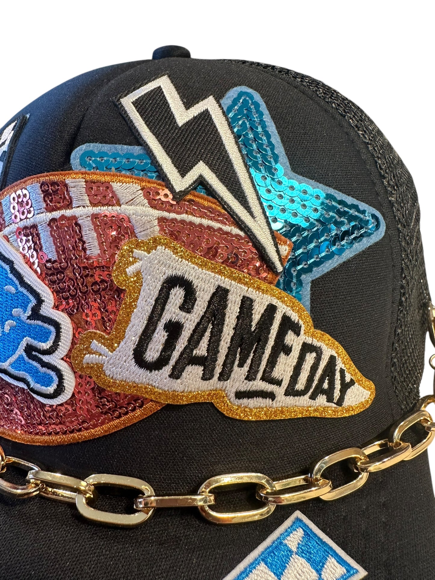 Sequin Detroit Lions GameDay Trucker Hat with Bold Gold Hat Chain Belt