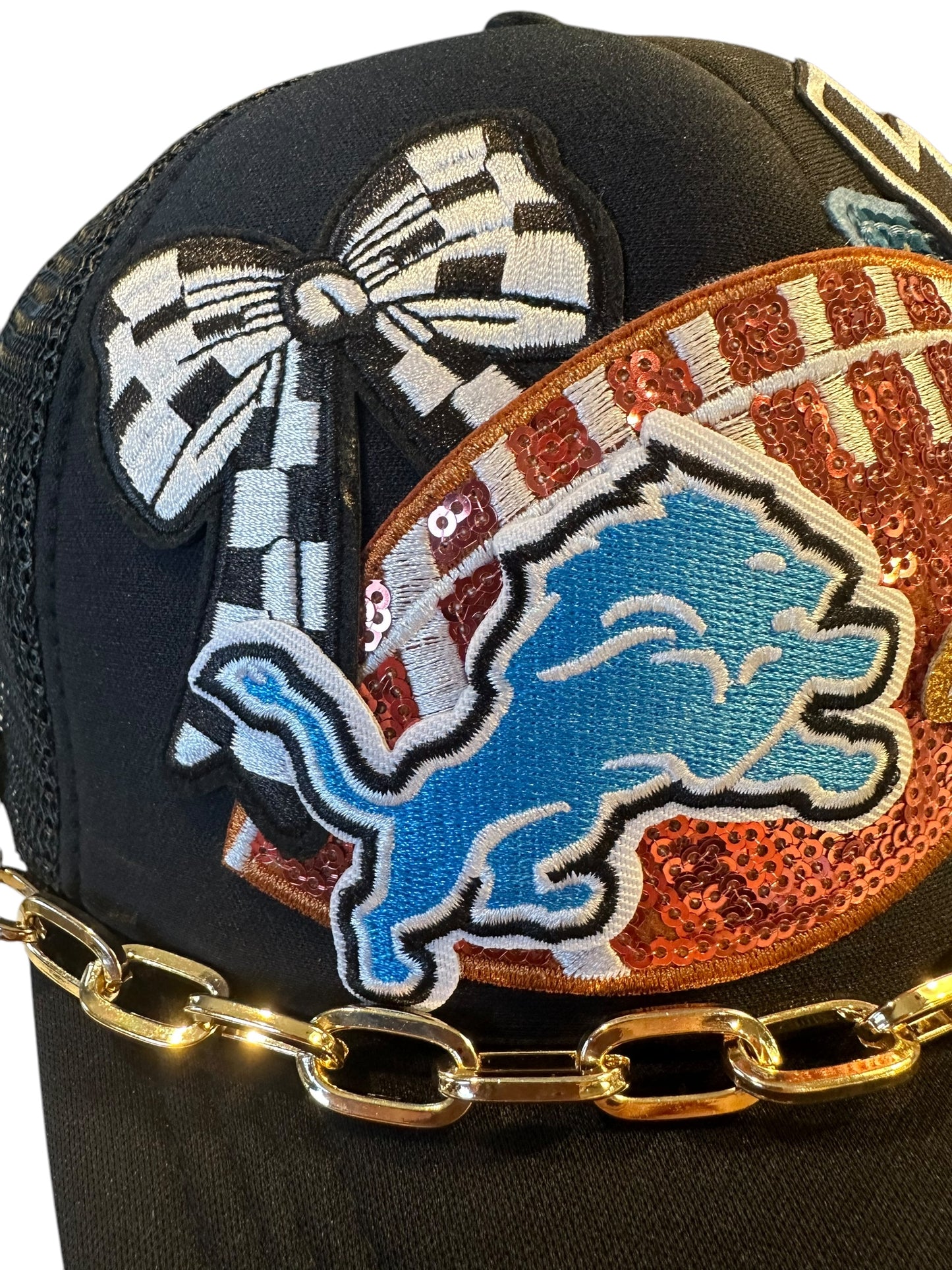 Sequin Detroit Lions GameDay Trucker Hat with Bold Gold Hat Chain Belt