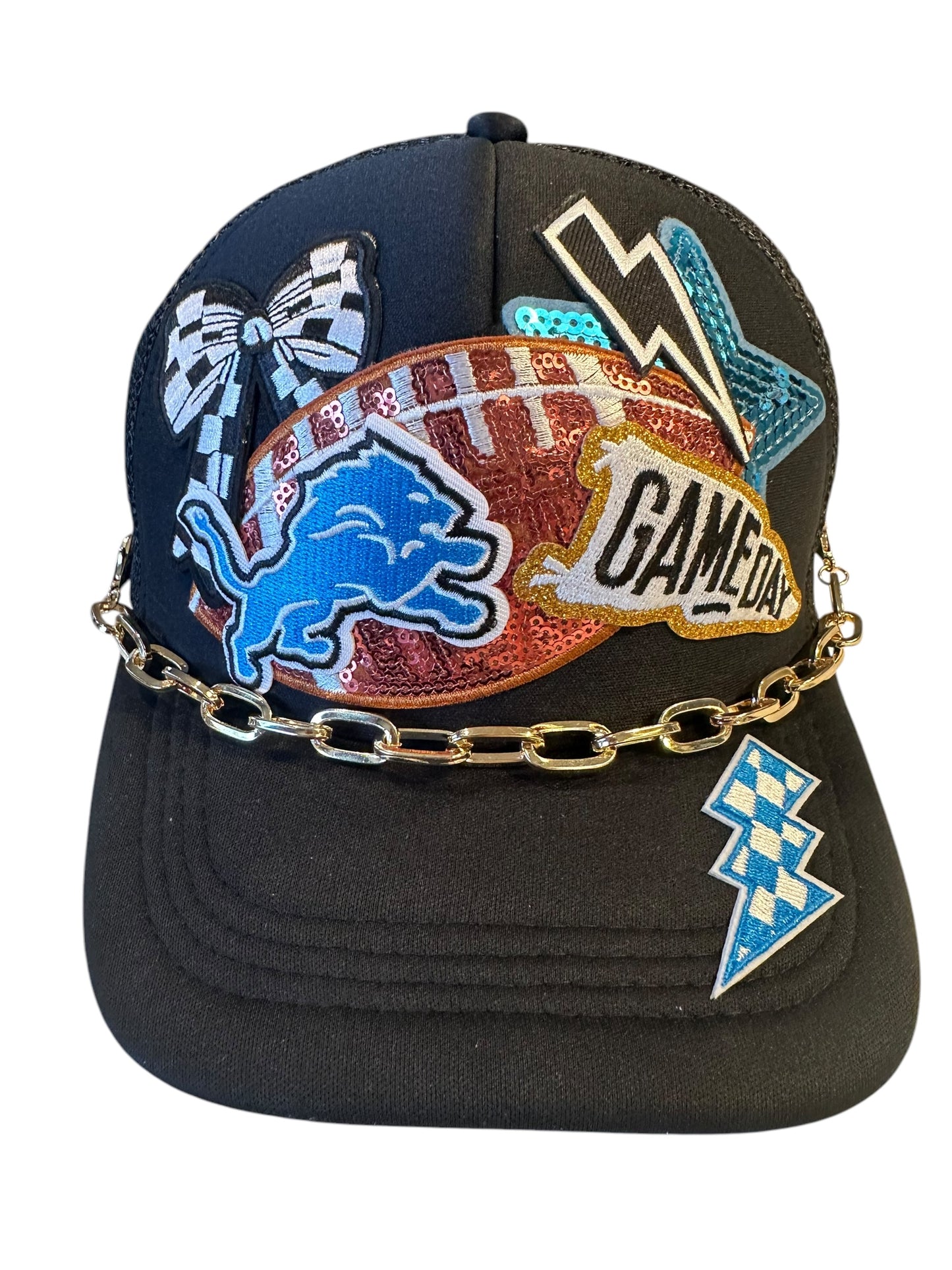 Sequin Detroit Lions GameDay Trucker Hat with Bold Gold Hat Chain Belt