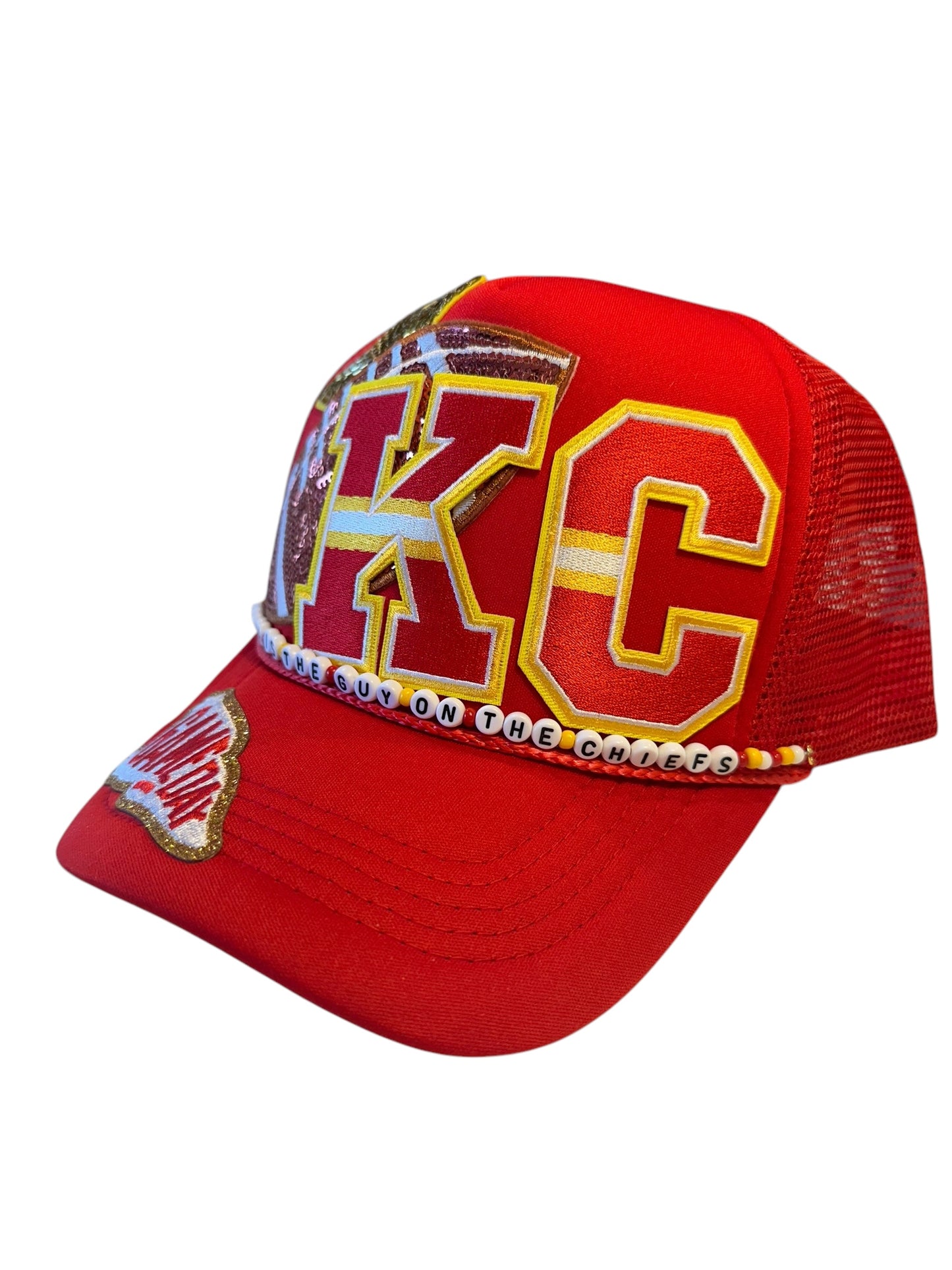 Karma Is The Guy On The Chiefs Trucker Hat with Beaded Hat Belt