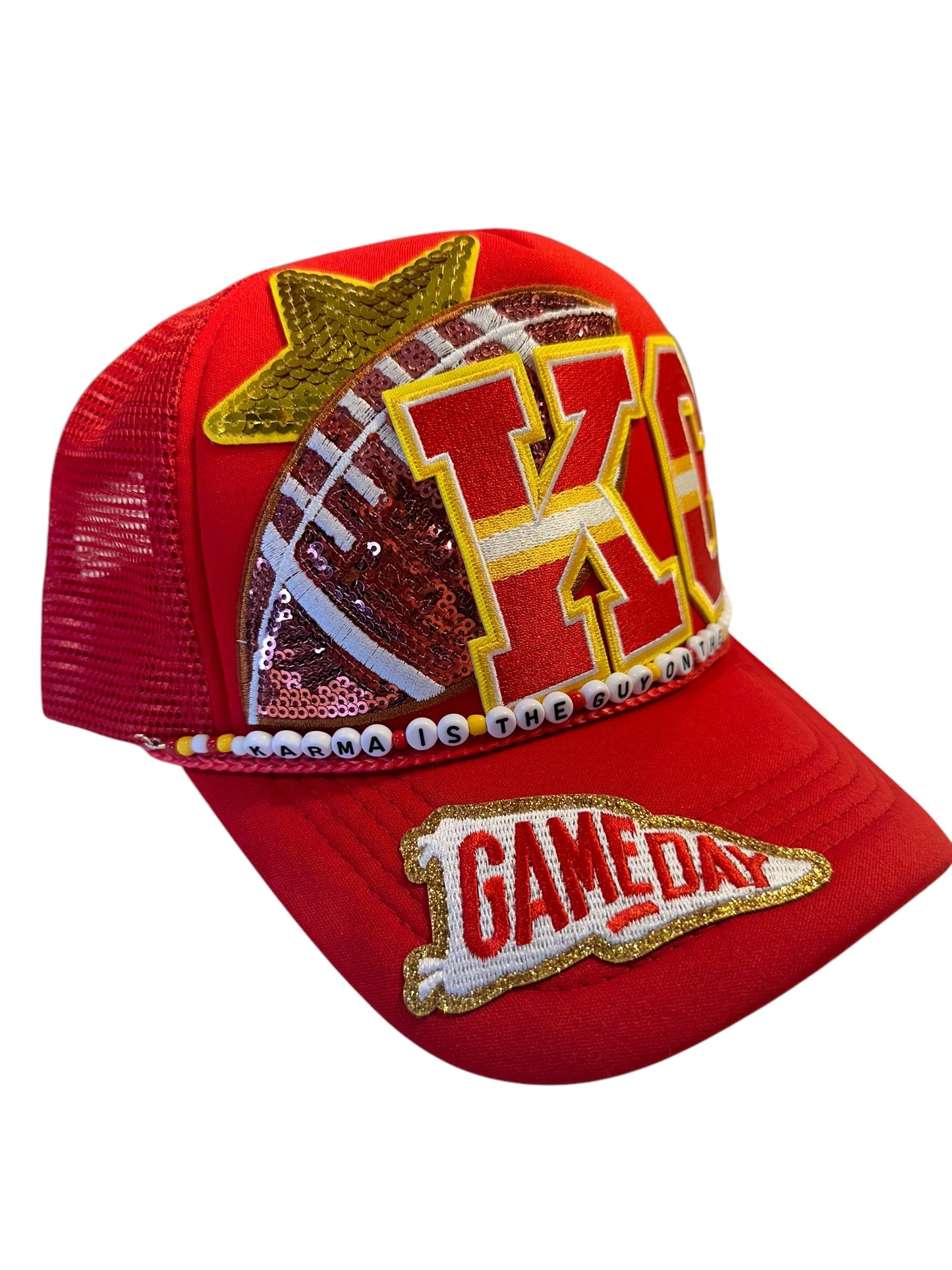 Karma Is The Guy On The Chiefs Trucker Hat with Beaded Hat Belt