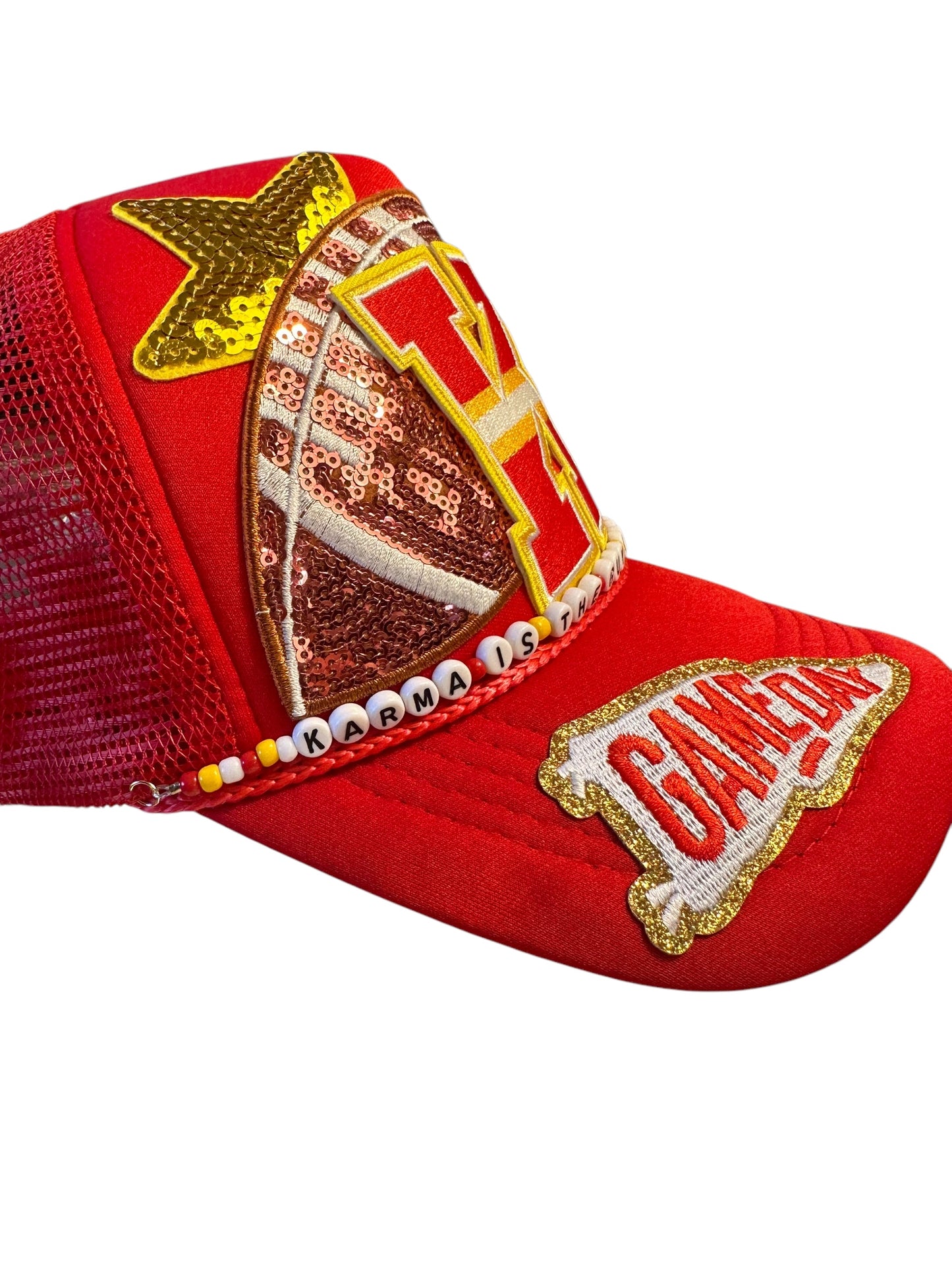 Karma Is The Guy On The Chiefs Trucker Hat with Beaded Hat Belt