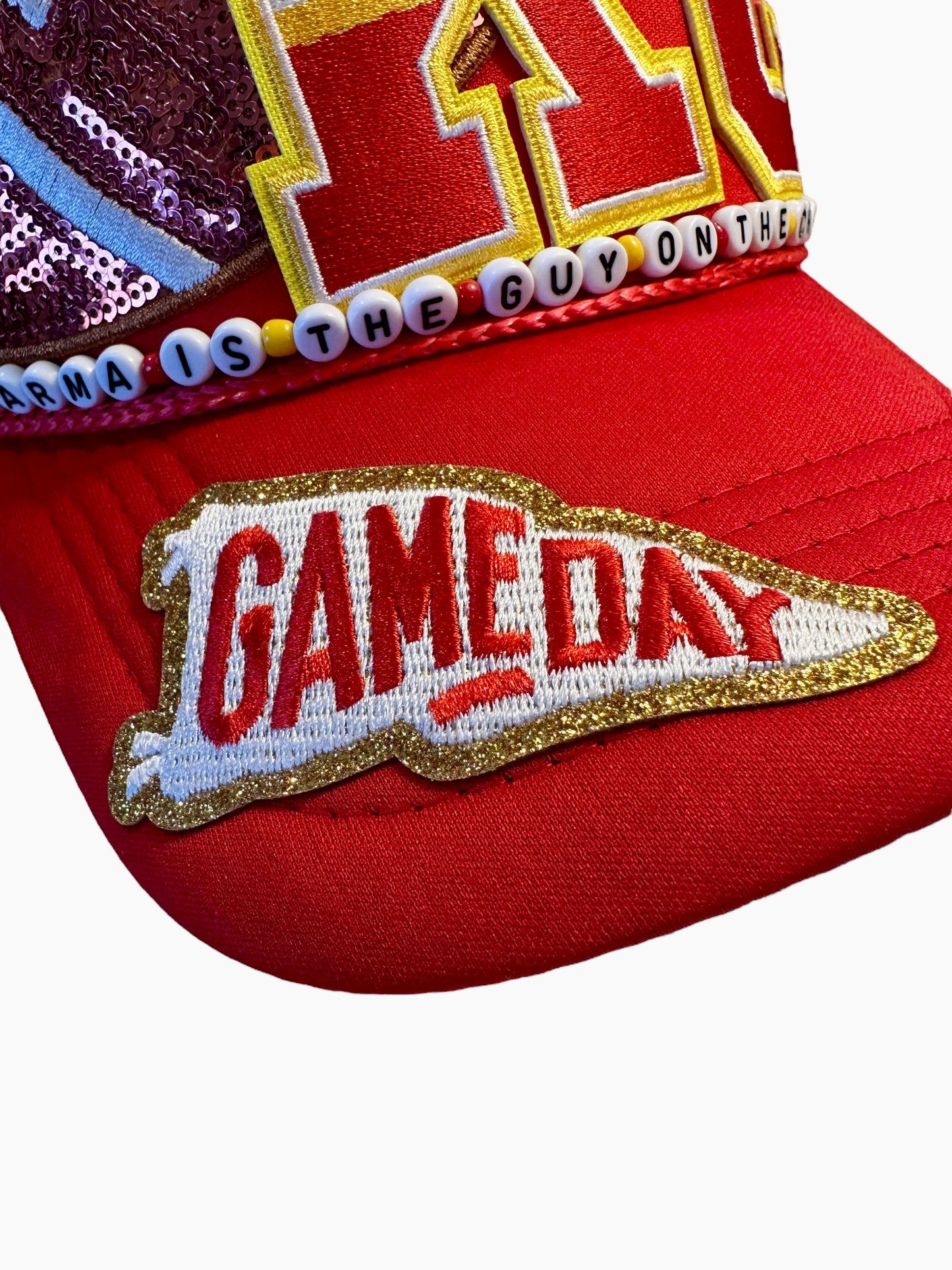 Karma Is The Guy On The Chiefs Trucker Hat with Beaded Hat Belt