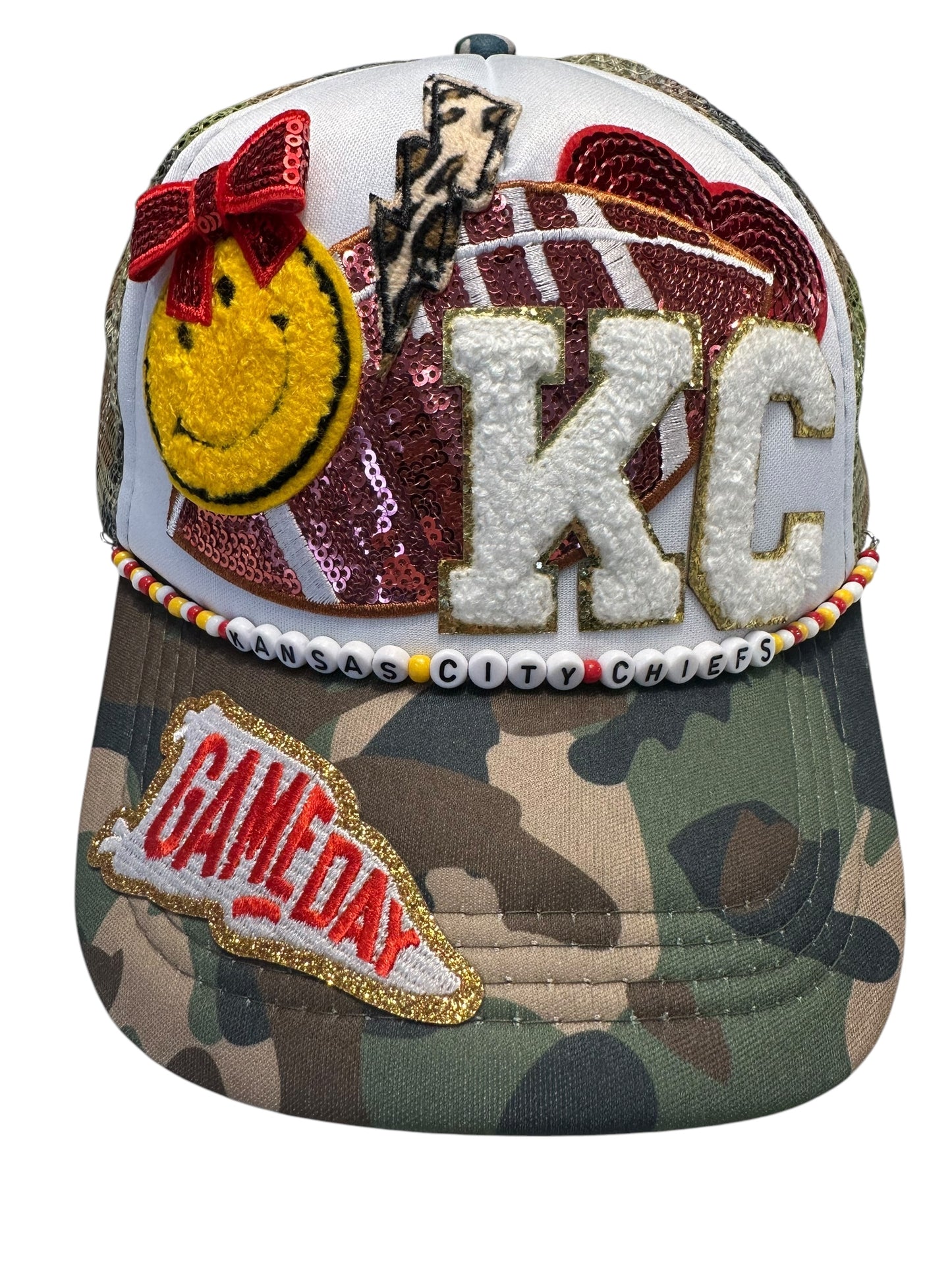 Y2K Camo Kansas City Chiefs GameDay Trucker Hat with Beaded Hat Belt