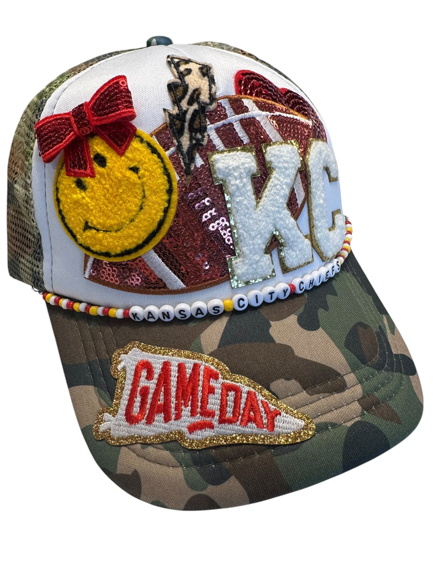 Y2K Camo Kansas City Chiefs GameDay Trucker Hat with Beaded Hat Belt