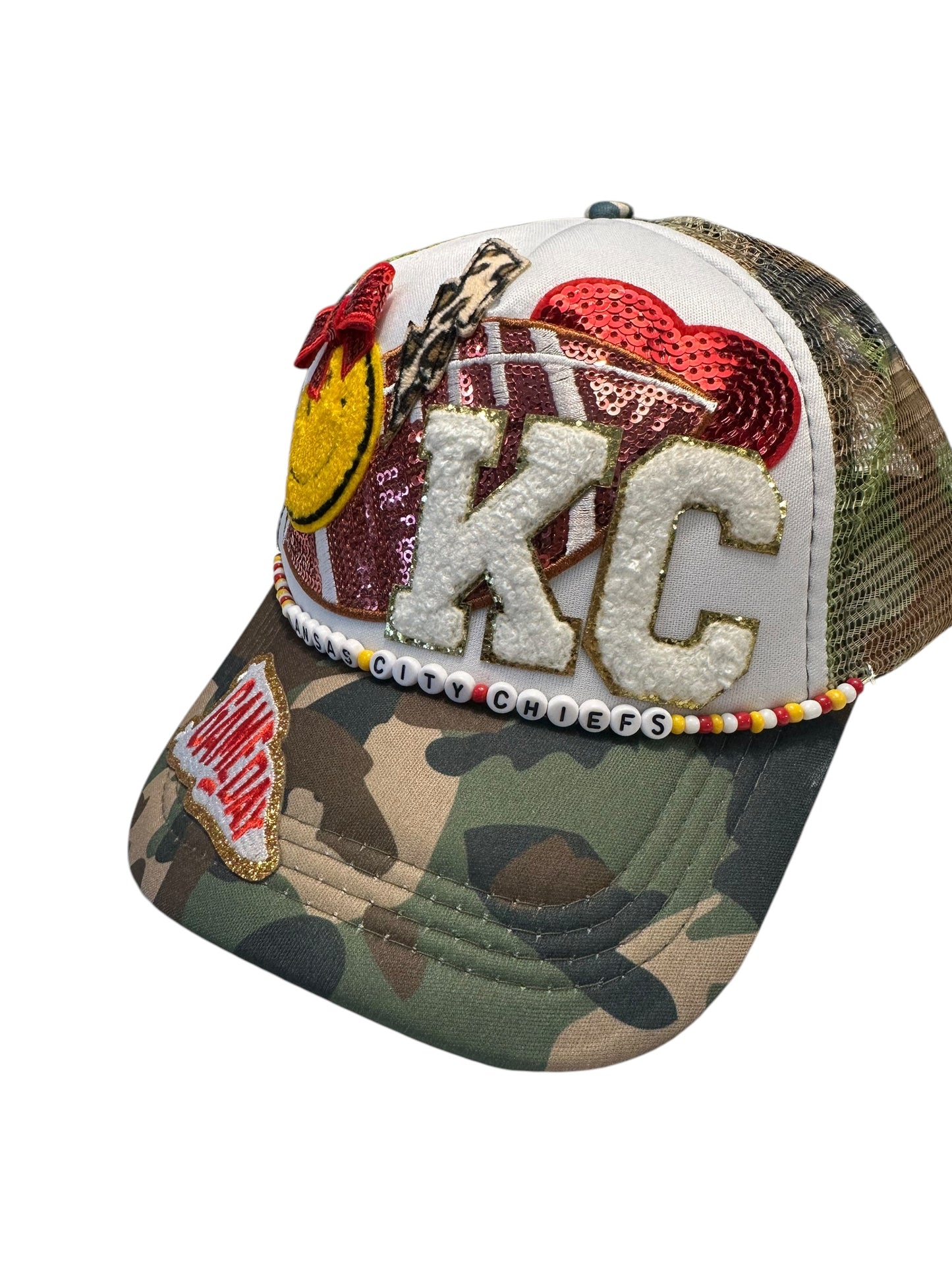 Y2K Camo Kansas City Chiefs GameDay Trucker Hat with Beaded Hat Belt