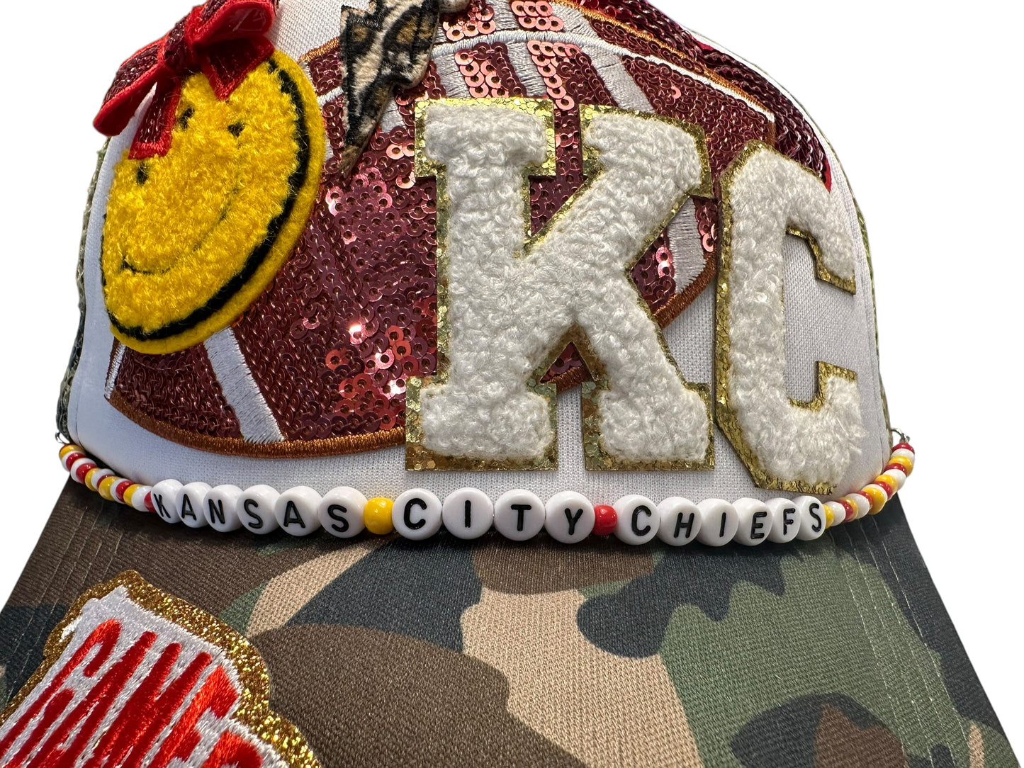 Y2K Camo Kansas City Chiefs GameDay Trucker Hat with Beaded Hat Belt