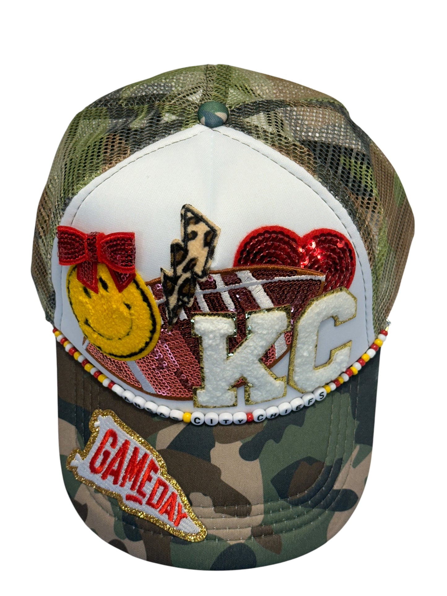 Y2K Camo Kansas City Chiefs GameDay Trucker Hat with Beaded Hat Belt