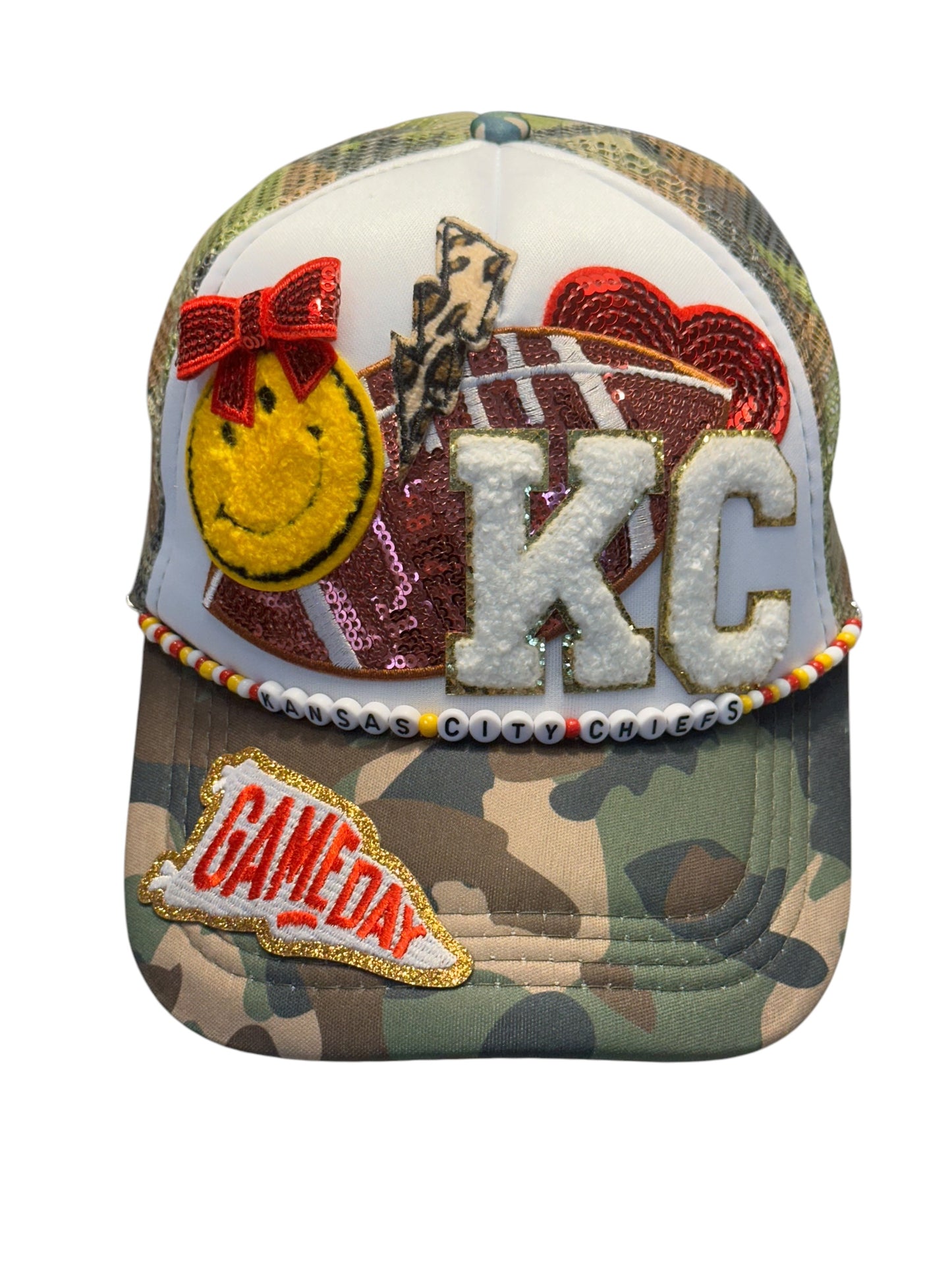 Y2K Camo Kansas City Chiefs GameDay Trucker Hat with Beaded Hat Belt