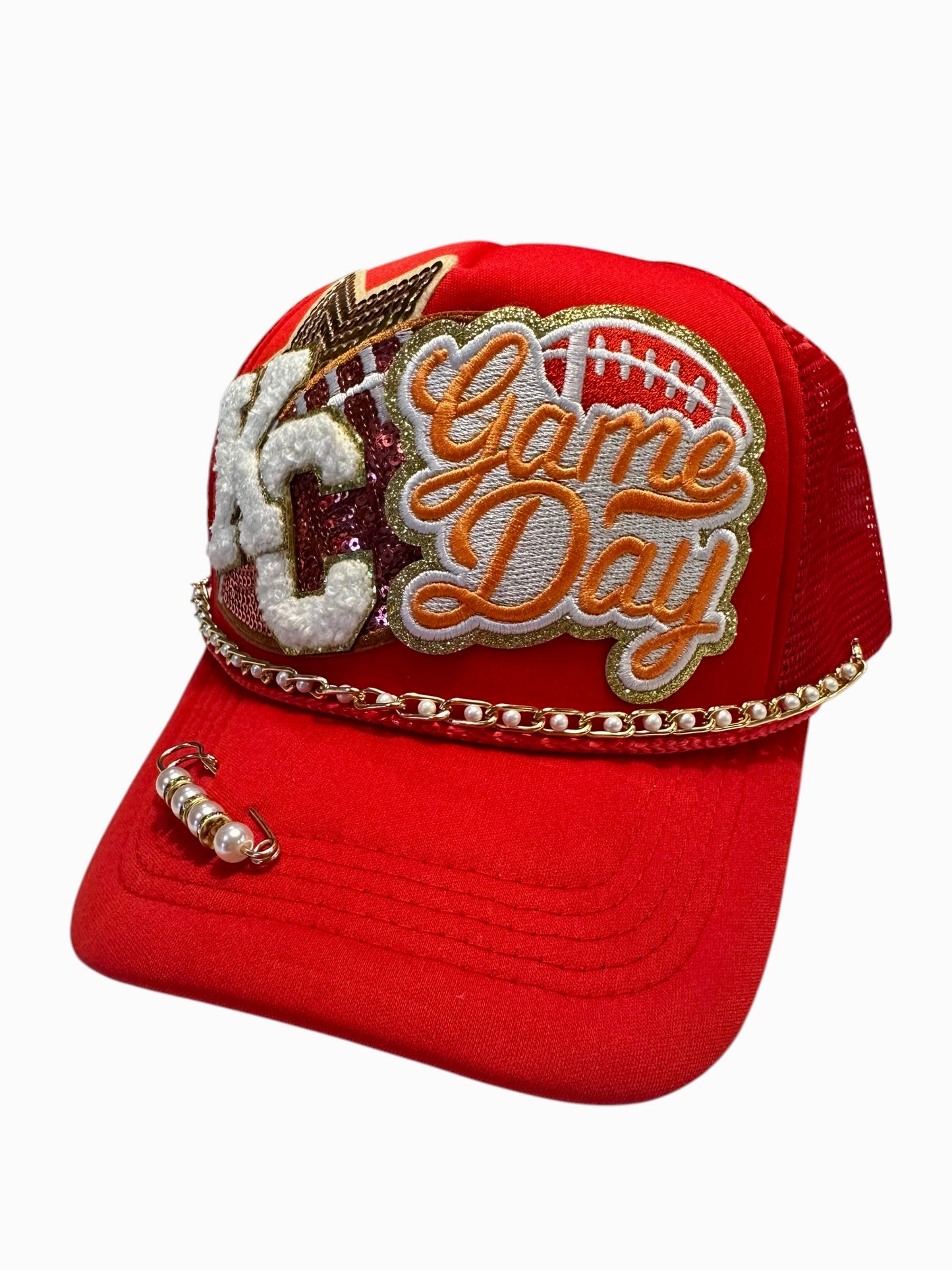 Gold and Pearls Kansas City Chiefs GameDay Trucker Hat with Gold Chain Hat Belt