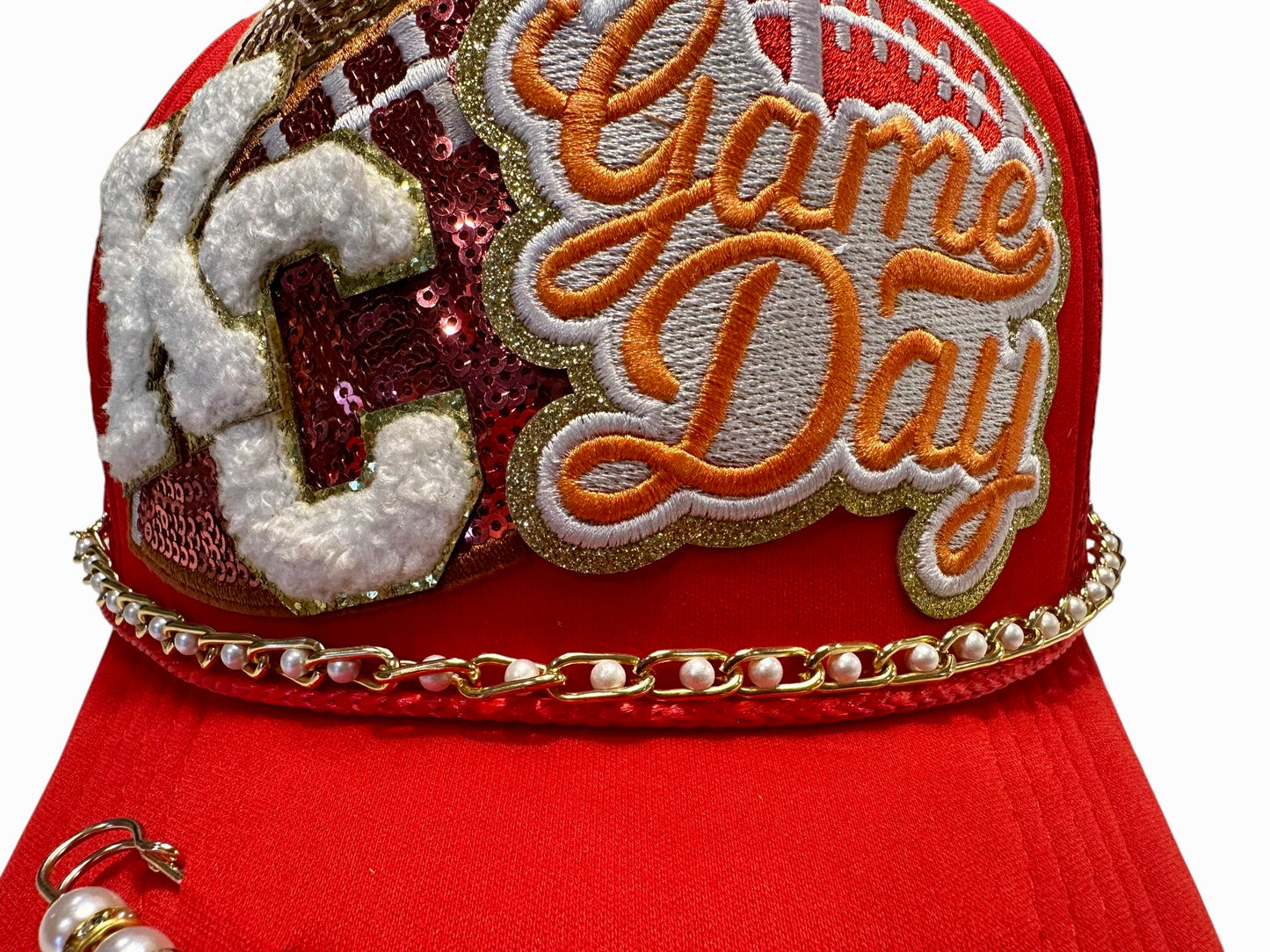 Gold and Pearls Kansas City Chiefs GameDay Trucker Hat with Gold Chain Hat Belt