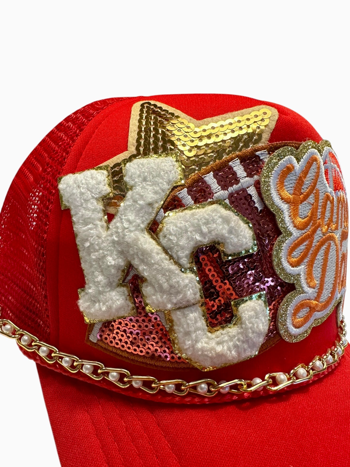 Gold and Pearls Kansas City Chiefs GameDay Trucker Hat with Gold Chain Hat Belt