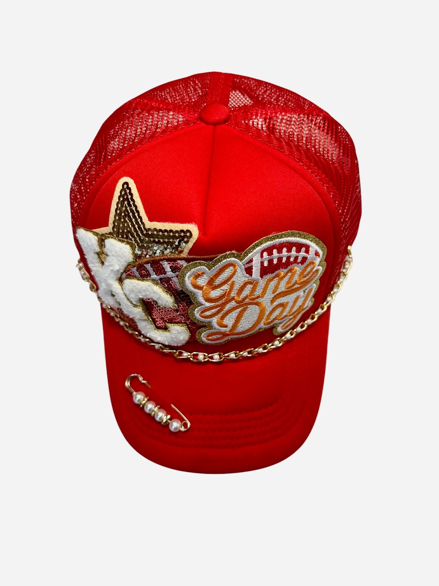 Gold and Pearls Kansas City Chiefs GameDay Trucker Hat with Gold Chain Hat Belt