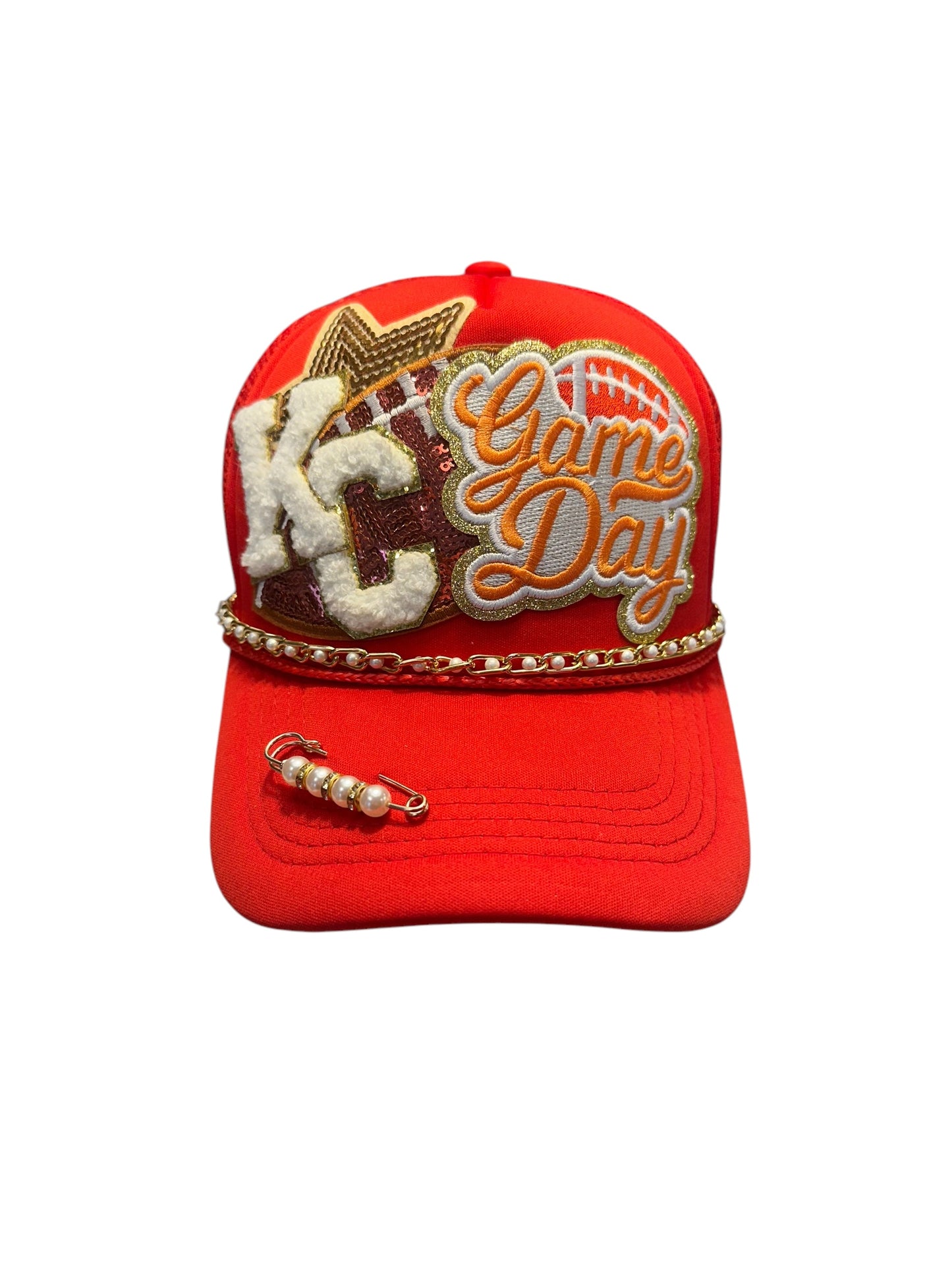 Gold and Pearls Kansas City Chiefs GameDay Trucker Hat with Gold Chain Hat Belt