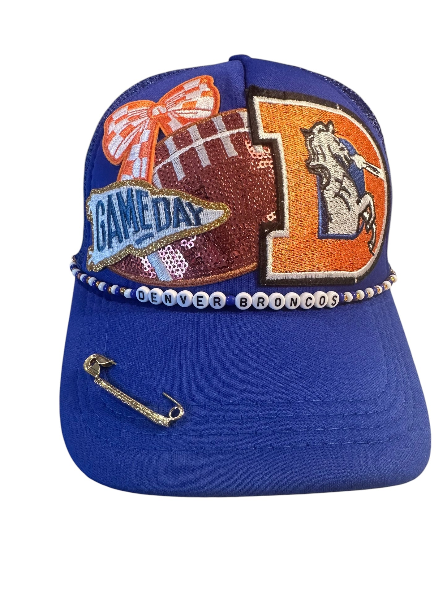 Sequin Denver Broncos GameDay Trucker Hat with Beaded Hat Belt