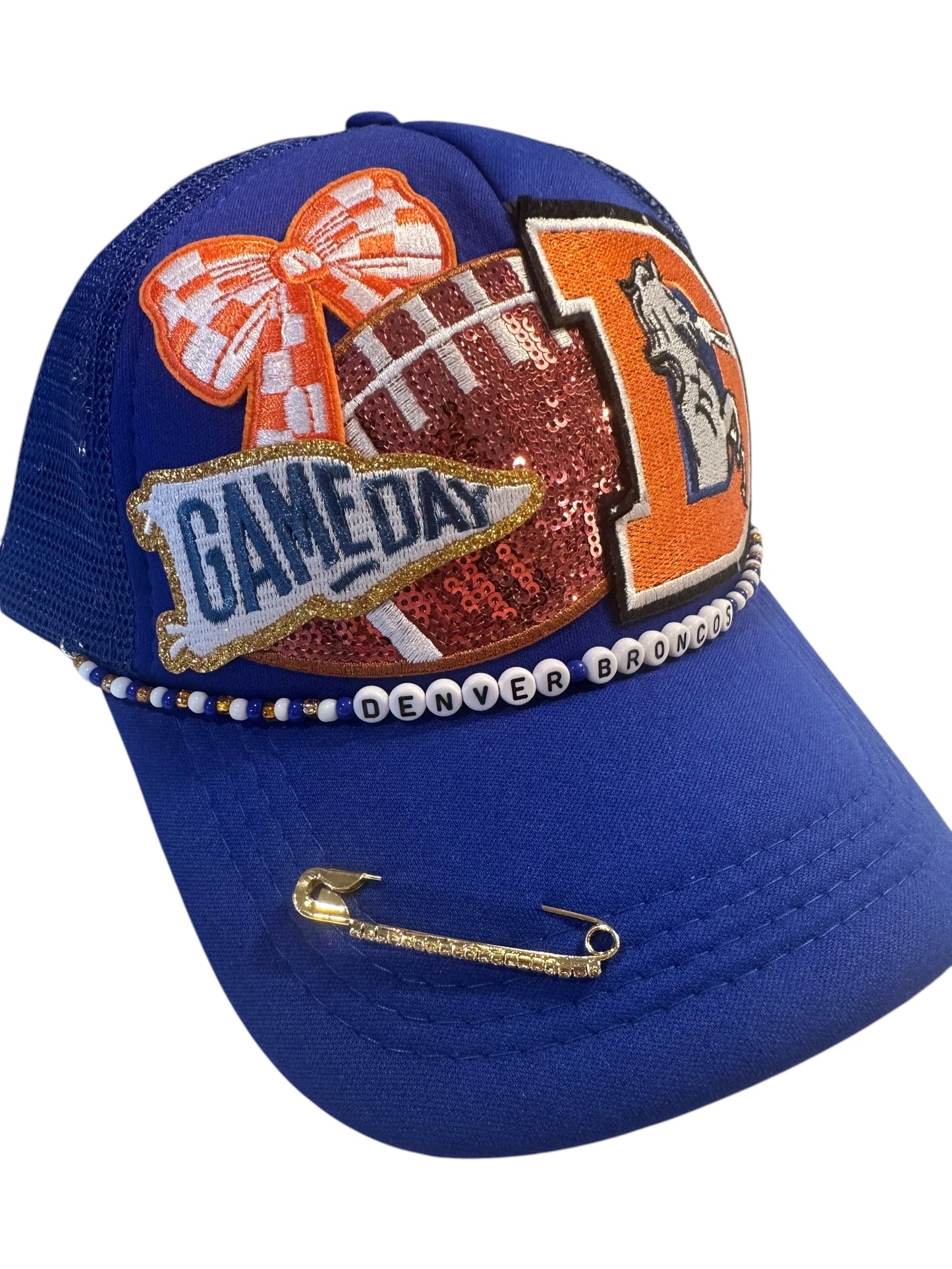 Sequin Denver Broncos GameDay Trucker Hat with Beaded Hat Belt