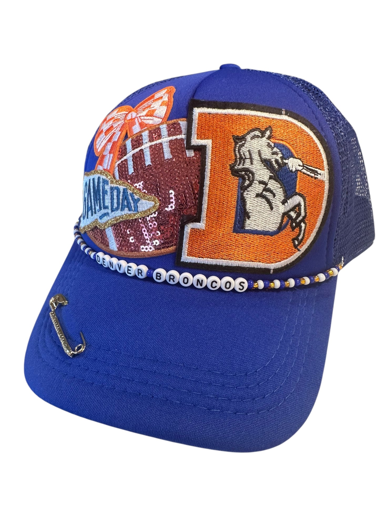 Sequin Denver Broncos GameDay Trucker Hat with Beaded Hat Belt