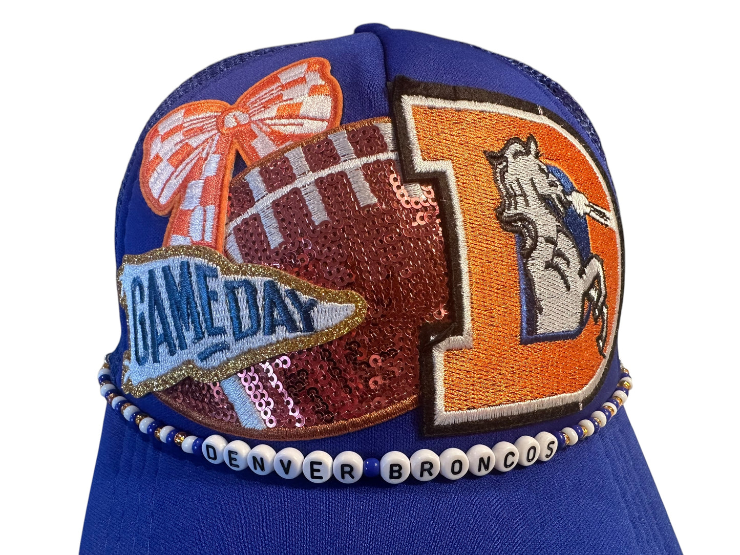 Sequin Denver Broncos GameDay Trucker Hat with Beaded Hat Belt