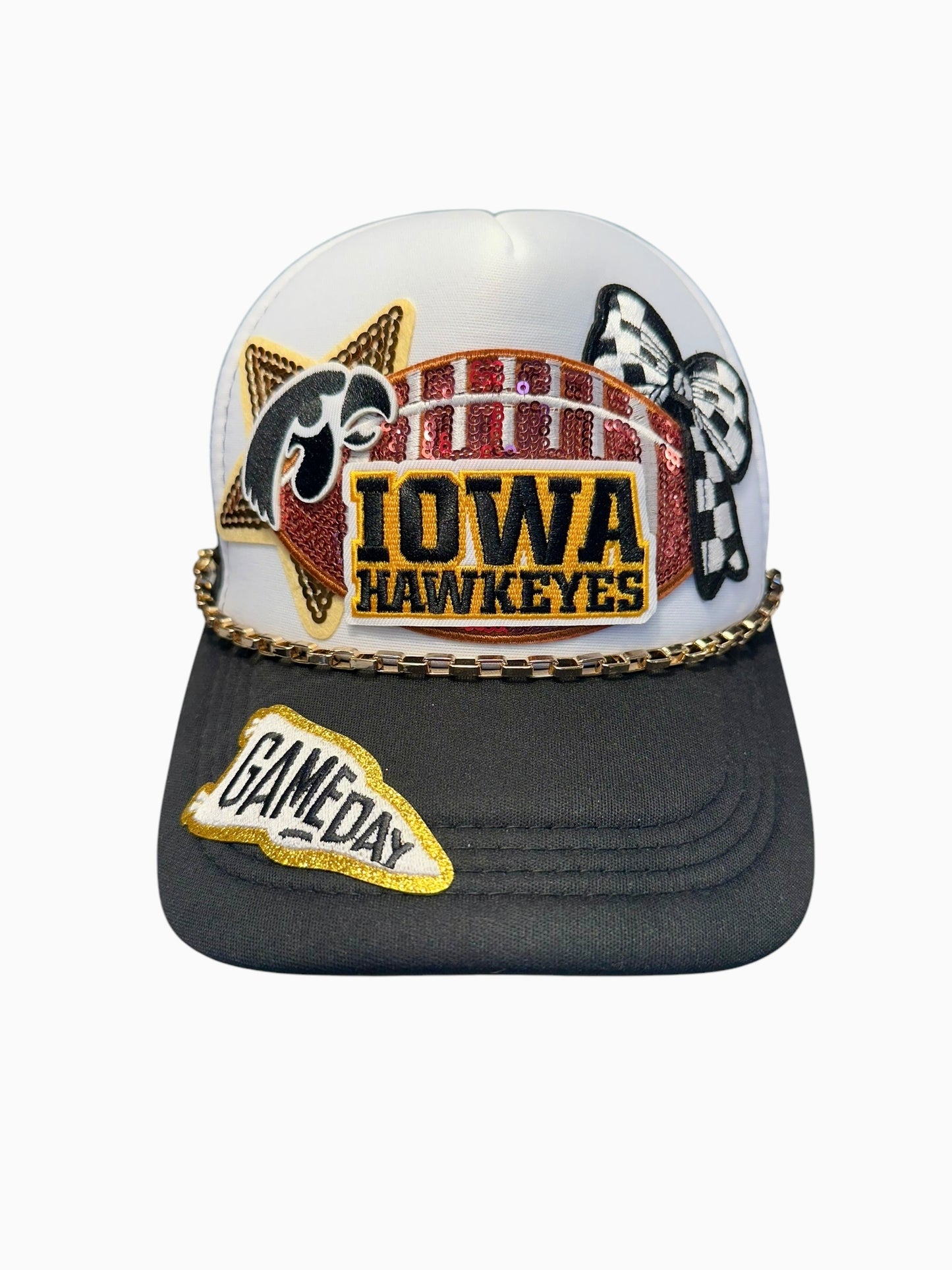 Sequin Iowa Hawkeys GameDay Trucker Hat with Gold Chain Hat Belt