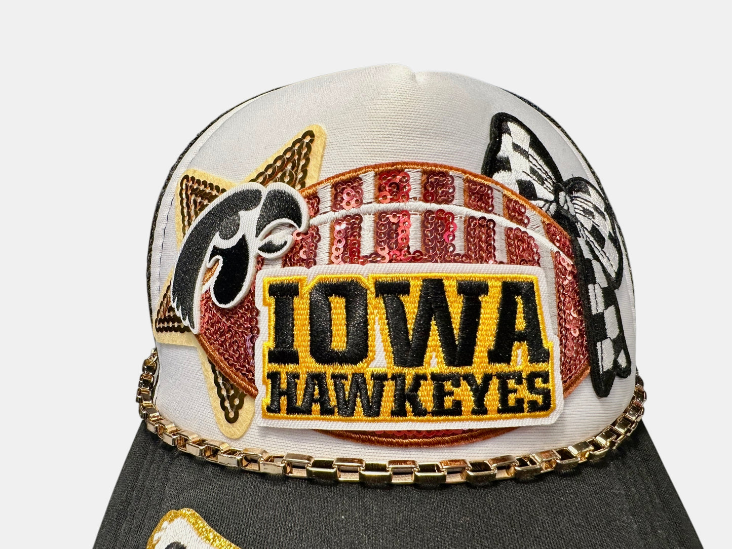 Sequin Iowa Hawkeys GameDay Trucker Hat with Gold Chain Hat Belt